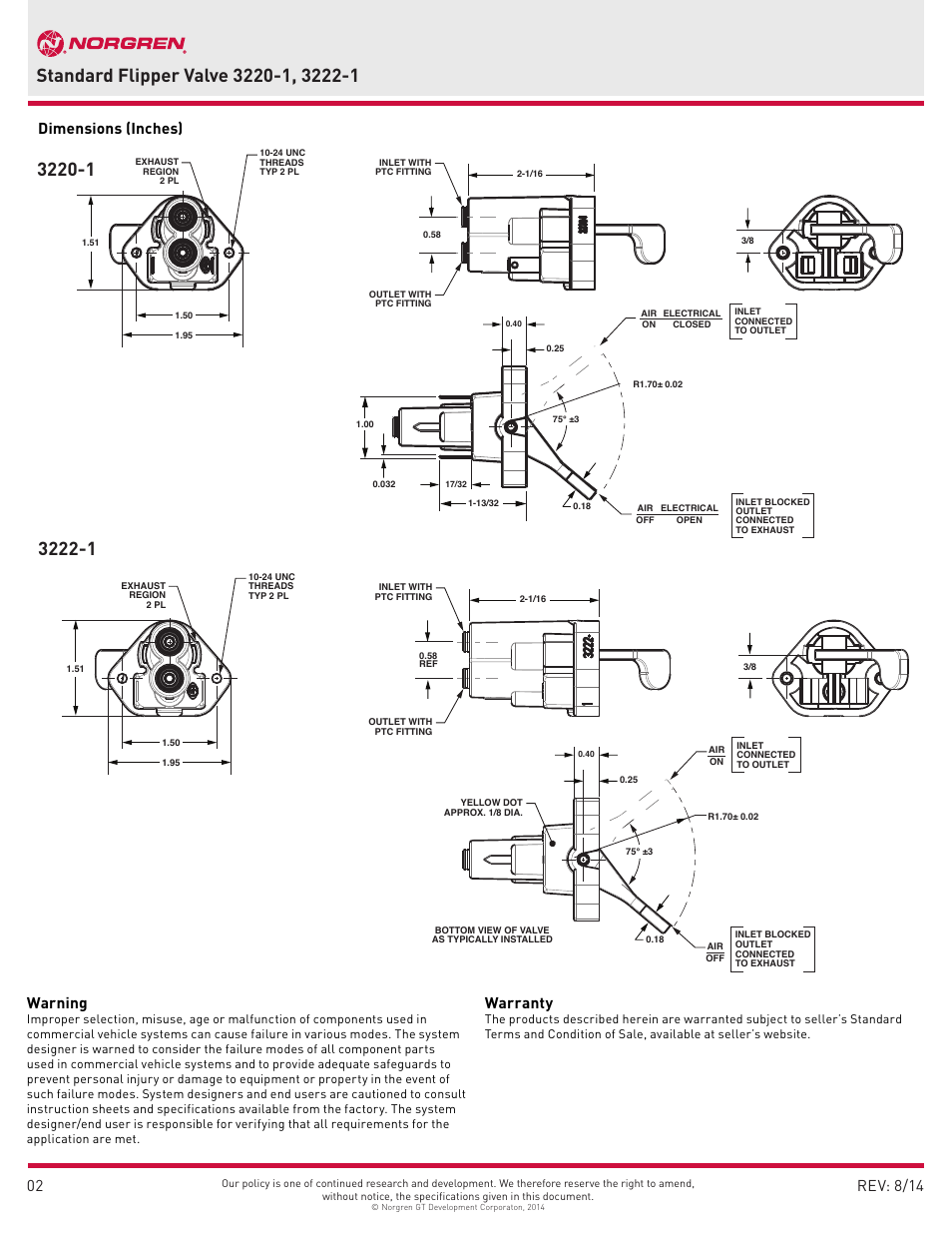 Warning, Warranty | Norgren 3222-1 User Manual | Page 2 / 2