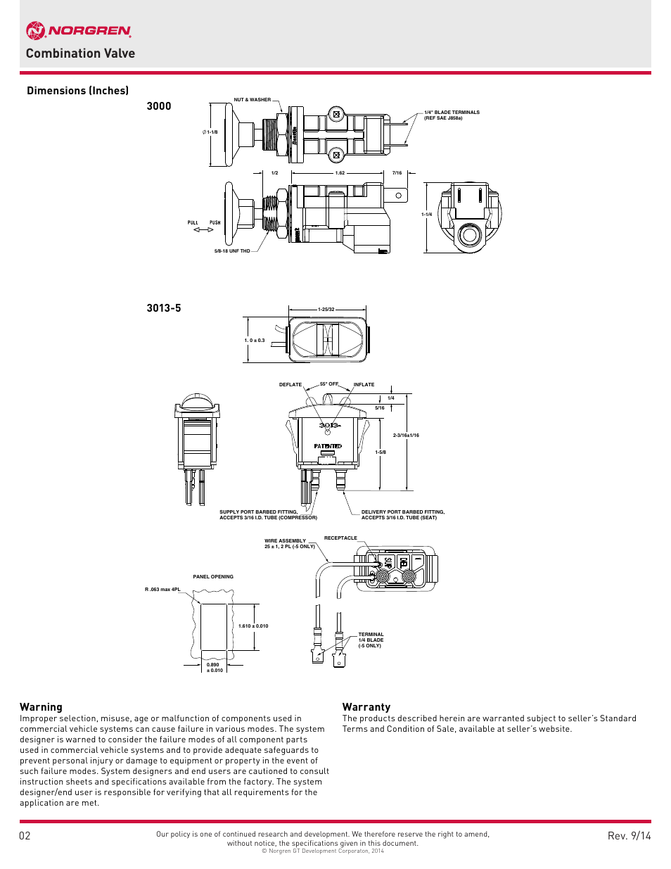 Combination valve, Warning, Warranty | Norgren 3000 User Manual | Page 2 / 2