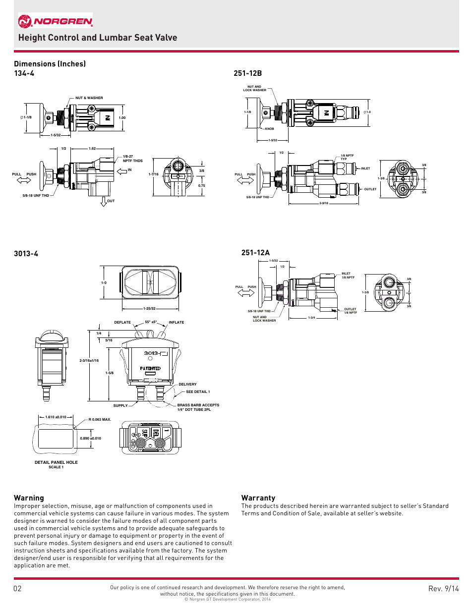 Height control and lumbar seat valve, Warning, Warranty | Norgren 134-4 User Manual | Page 2 / 2