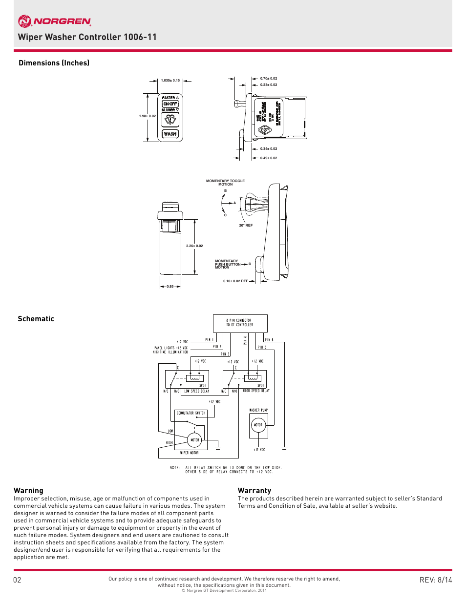 Rev: 8/14, 02 dimensions (inches) schematic warning, Warranty | Norgren 1006-11 User Manual | Page 2 / 2