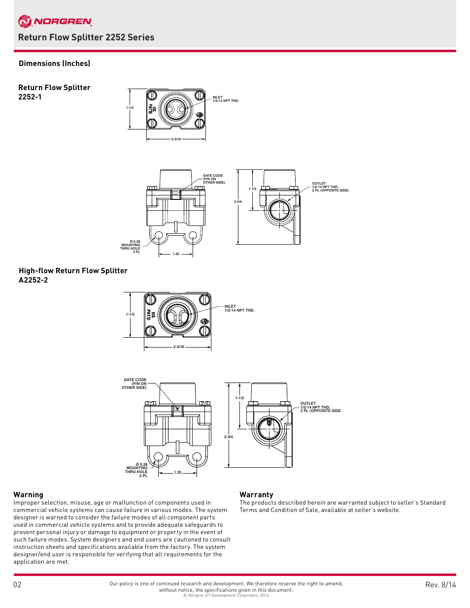 Return flow splitter 2252 series, Warning, Warranty | Norgren 2252 Series User Manual | Page 2 / 2