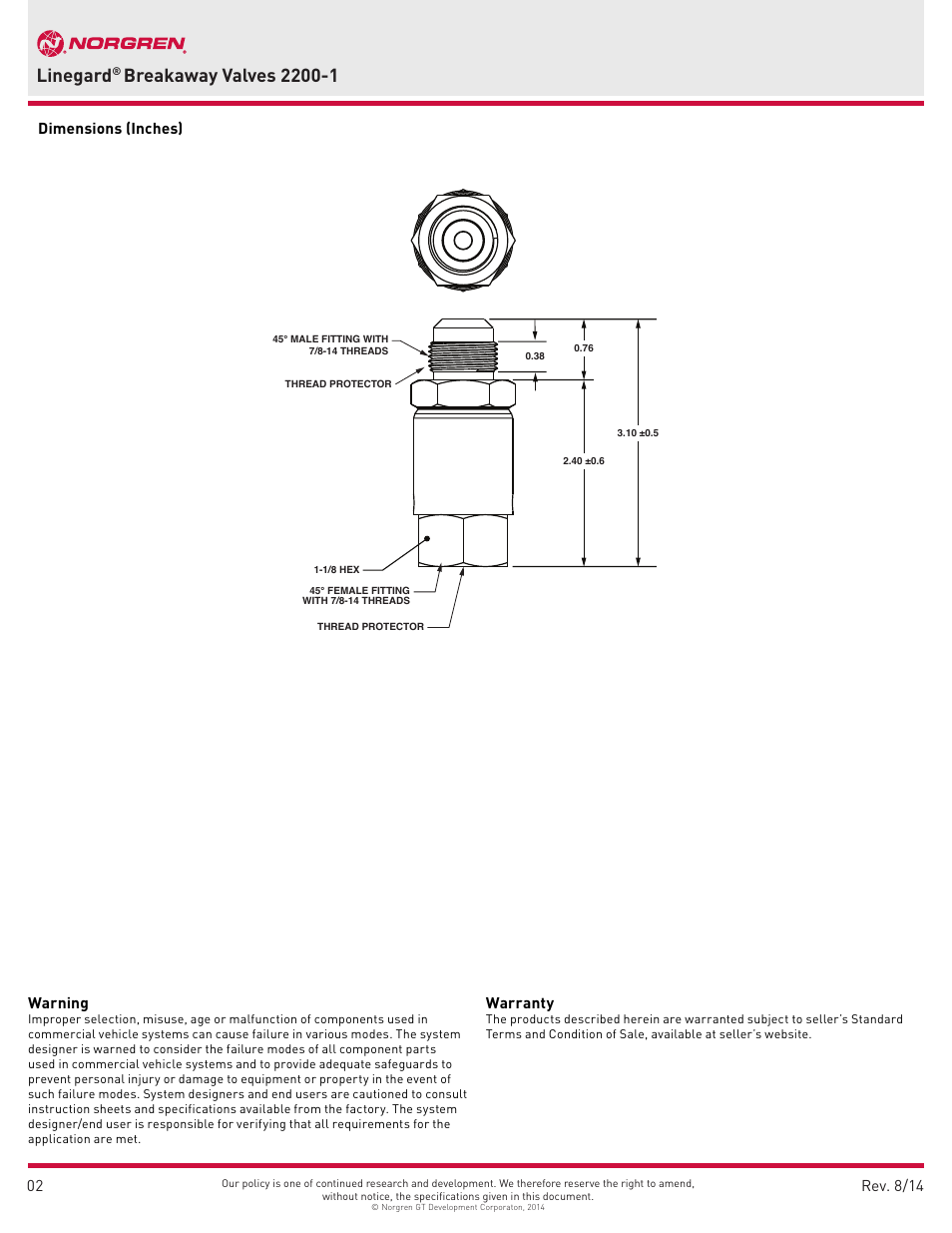 Linegard, Warning, Warranty | Norgren 2200-1 User Manual | Page 2 / 2