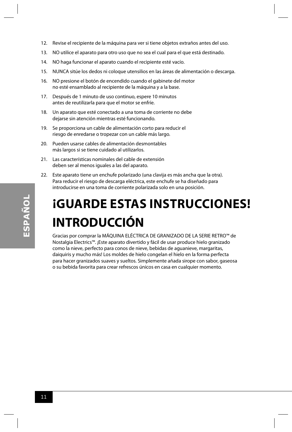 Guarde estas instrucciones! introducción | Nostalgia Electrics RISM900 RETRO RED User Manual | Page 13 / 24