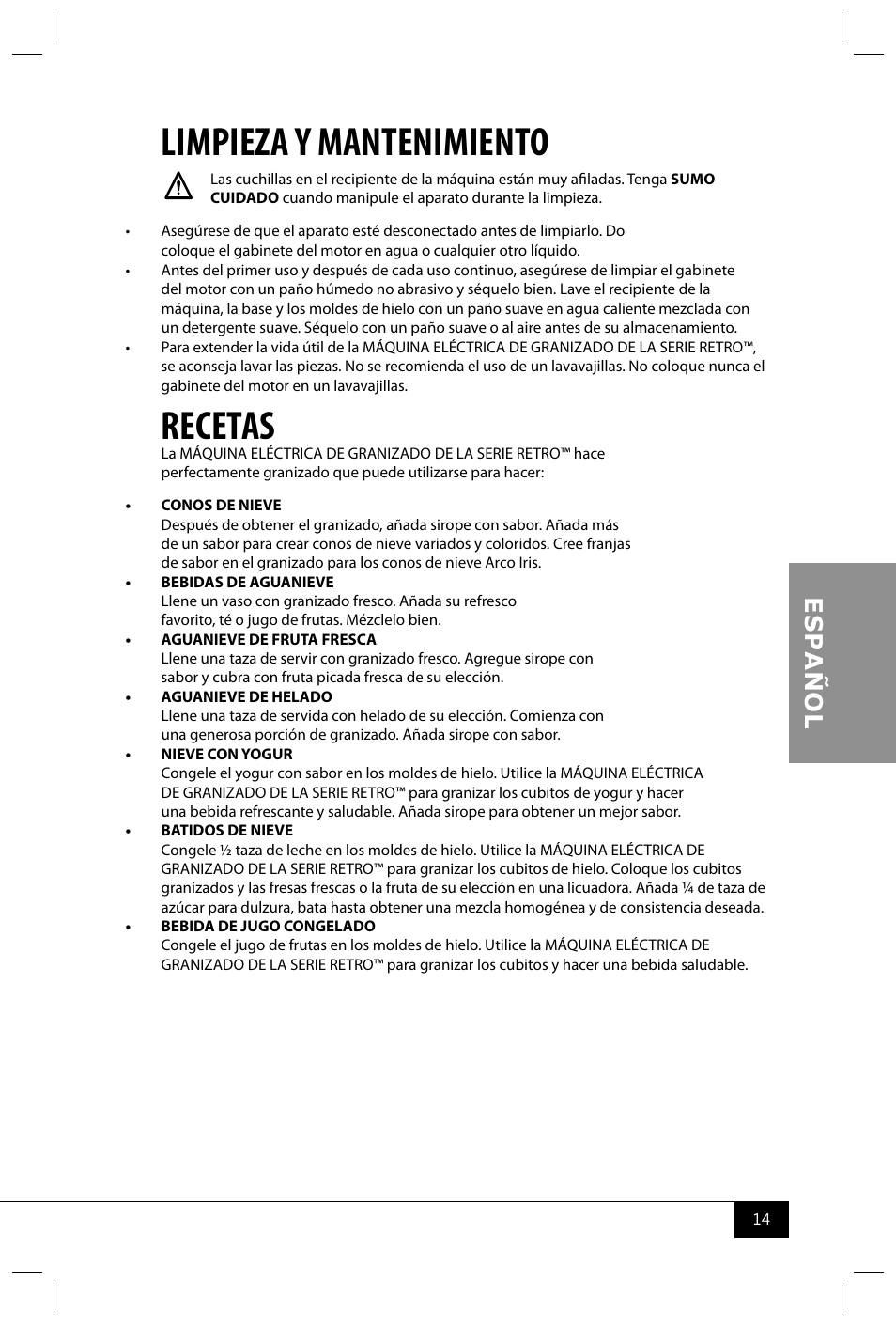 Limpieza y mantenimiento, Recetas | Nostalgia Electrics RISM900 RETRO RED User Manual | Page 16 / 24