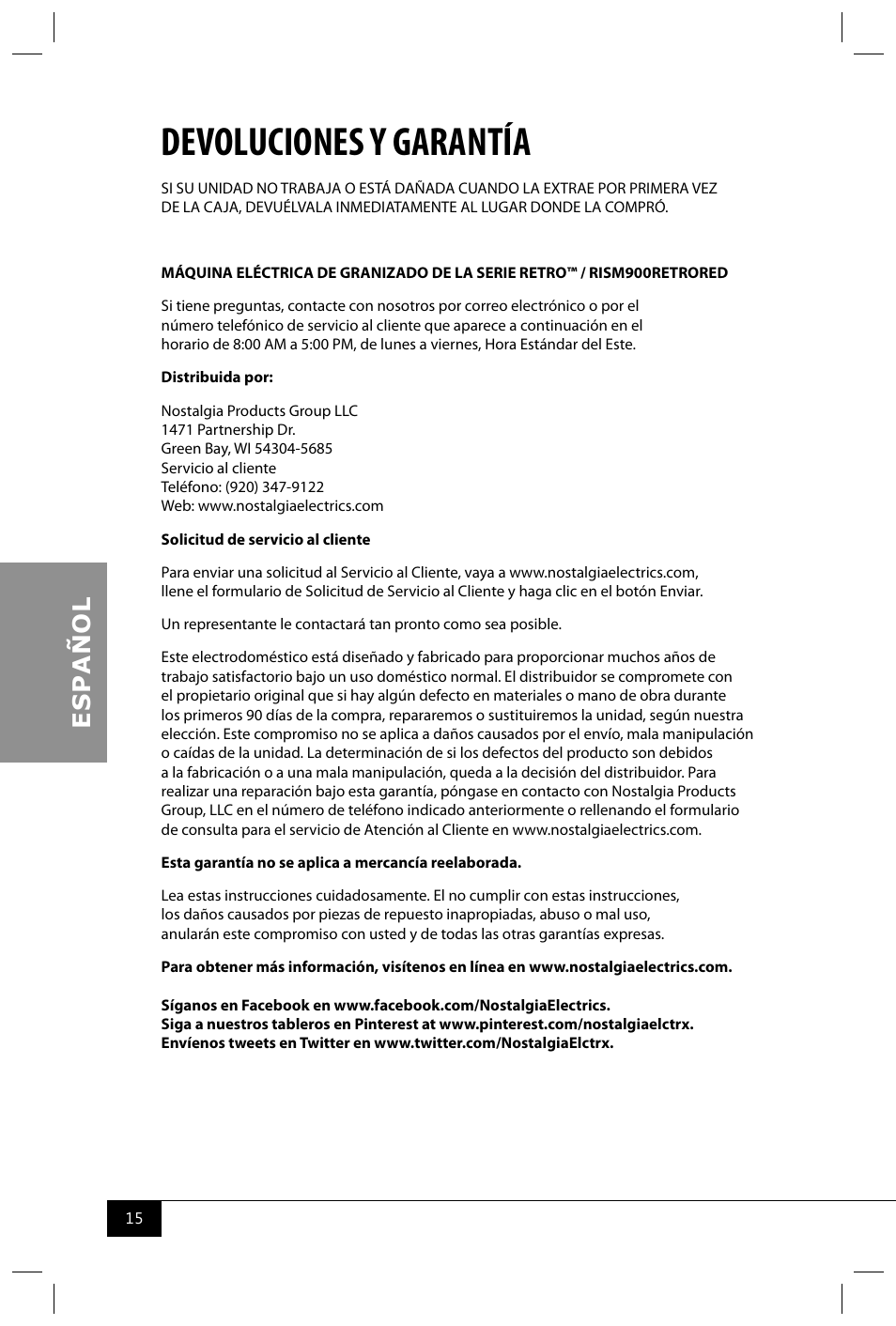 Devoluciones y garantía | Nostalgia Electrics RISM900 RETRO RED User Manual | Page 17 / 24
