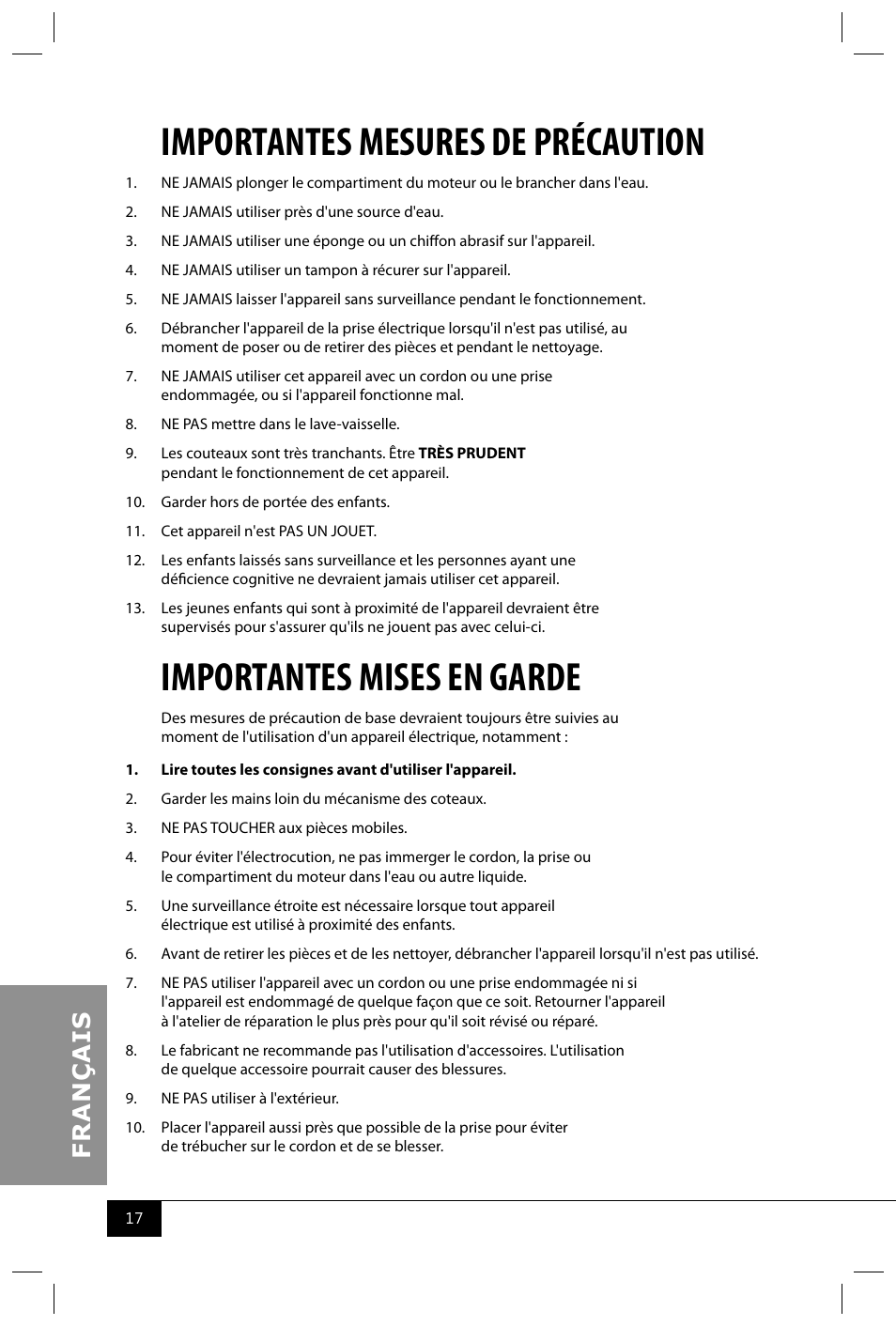 Importantes mesures de précaution, Importantes mises en garde | Nostalgia Electrics RISM900 RETRO RED User Manual | Page 19 / 24