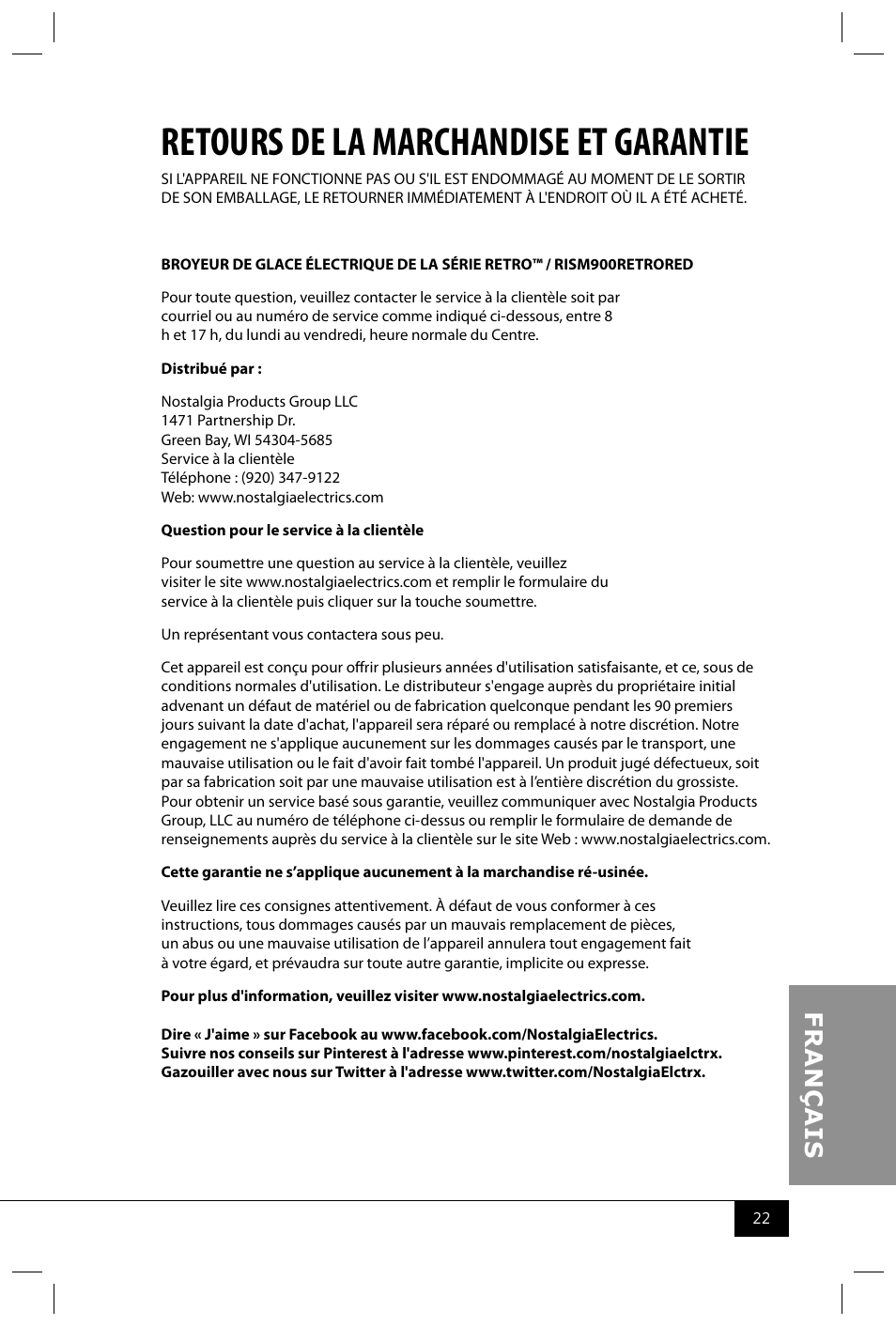 Retours de la marchandise et garantie | Nostalgia Electrics RISM900 RETRO RED User Manual | Page 24 / 24