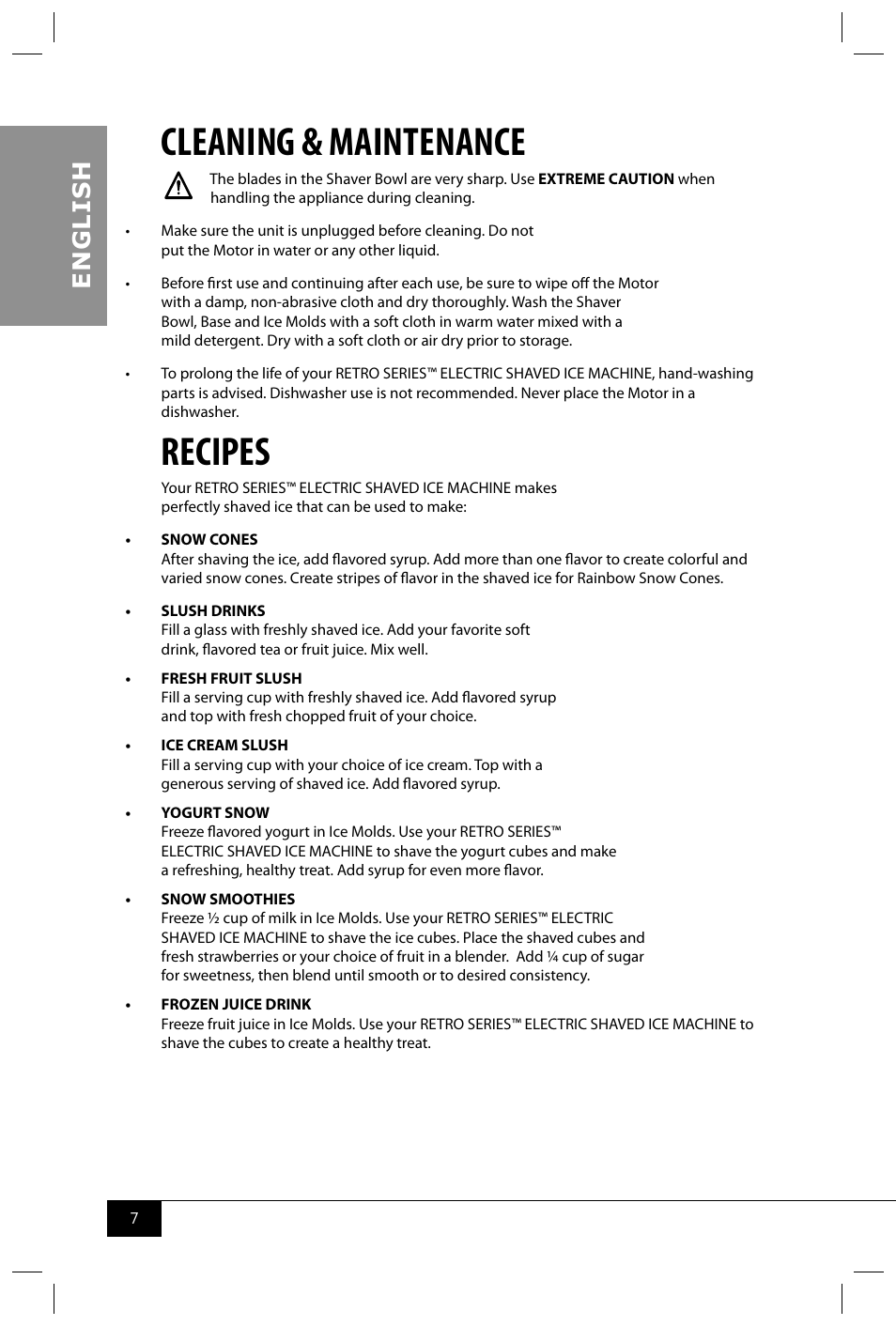 Cleaning & maintenance, Recipes, En g li s h | Nostalgia Electrics RISM900 RETRO RED User Manual | Page 9 / 24