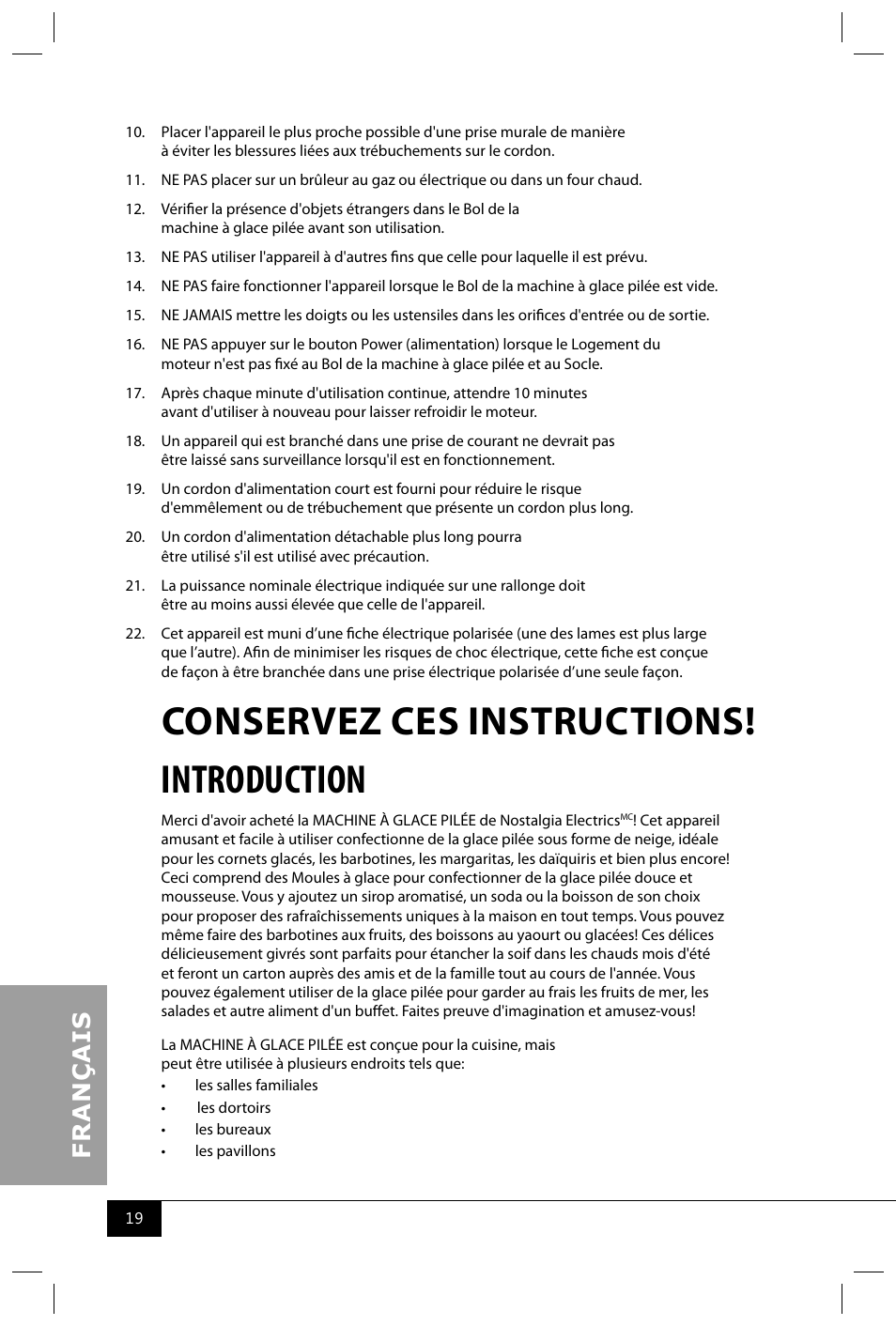 Conservez ces instructions! introduction | Nostalgia Electrics ISM800 User Manual | Page 21 / 26