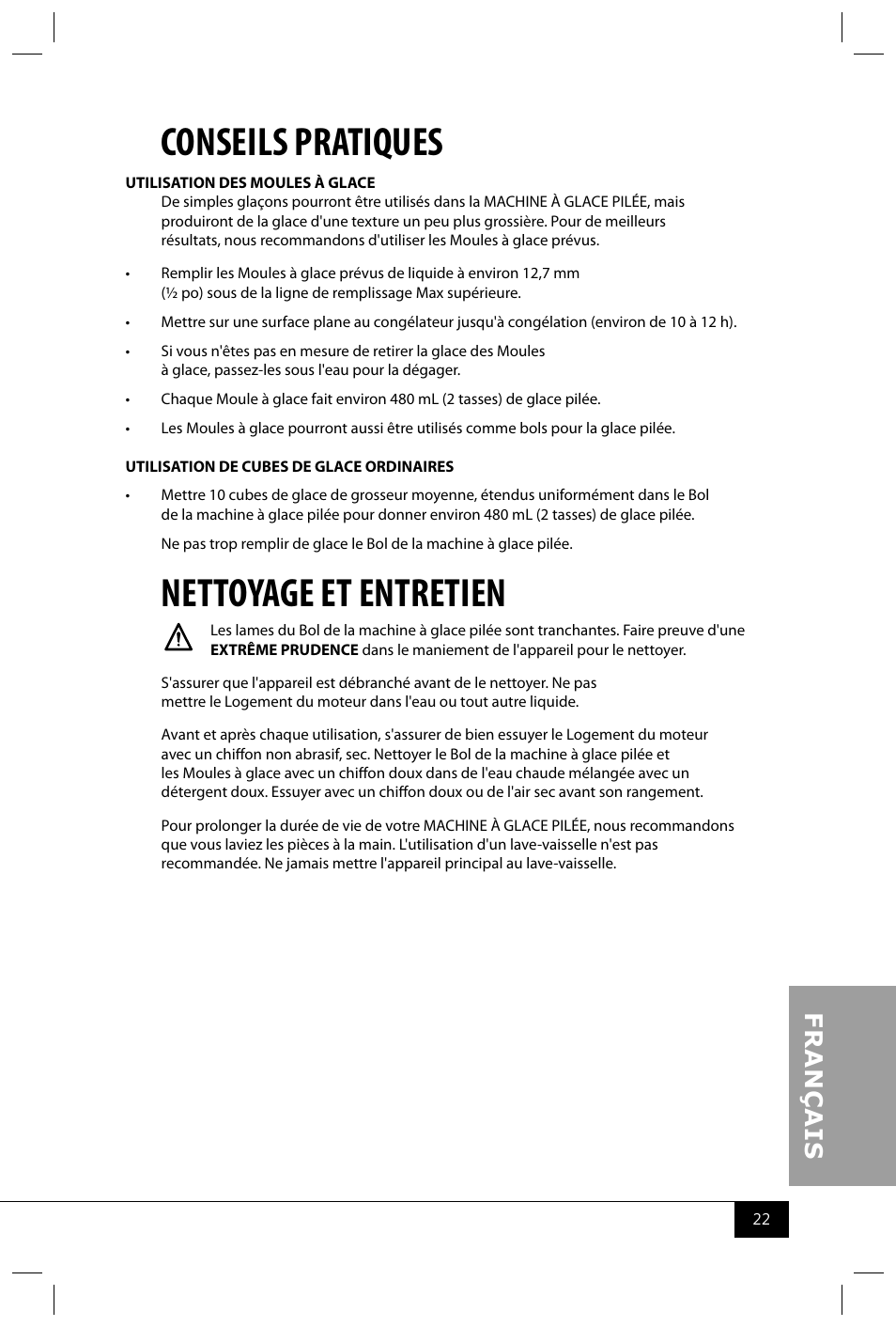 Conseils pratiques, Nettoyage et entretien | Nostalgia Electrics ISM800 User Manual | Page 24 / 26