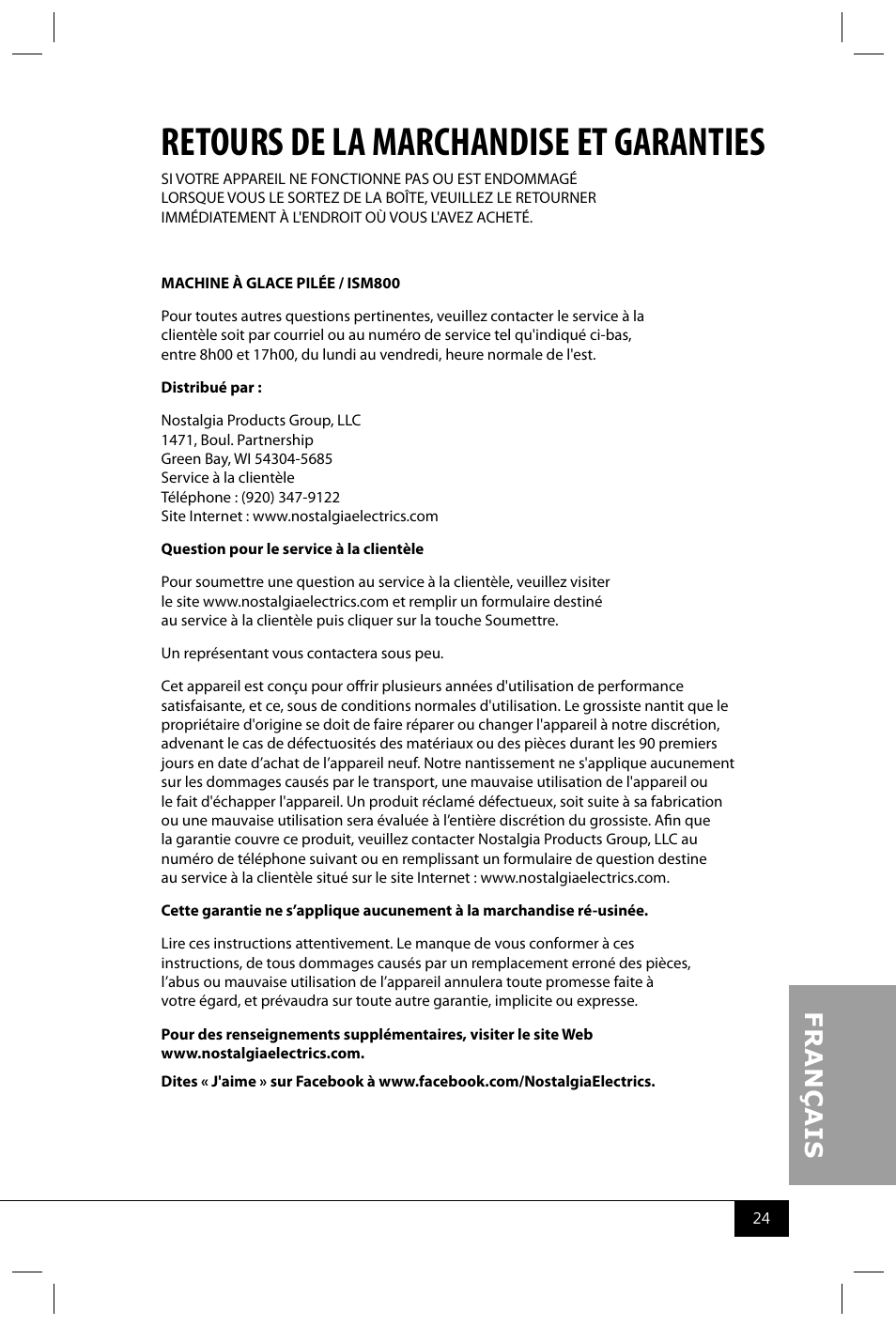 Retours de la marchandise et garanties | Nostalgia Electrics ISM800 User Manual | Page 26 / 26