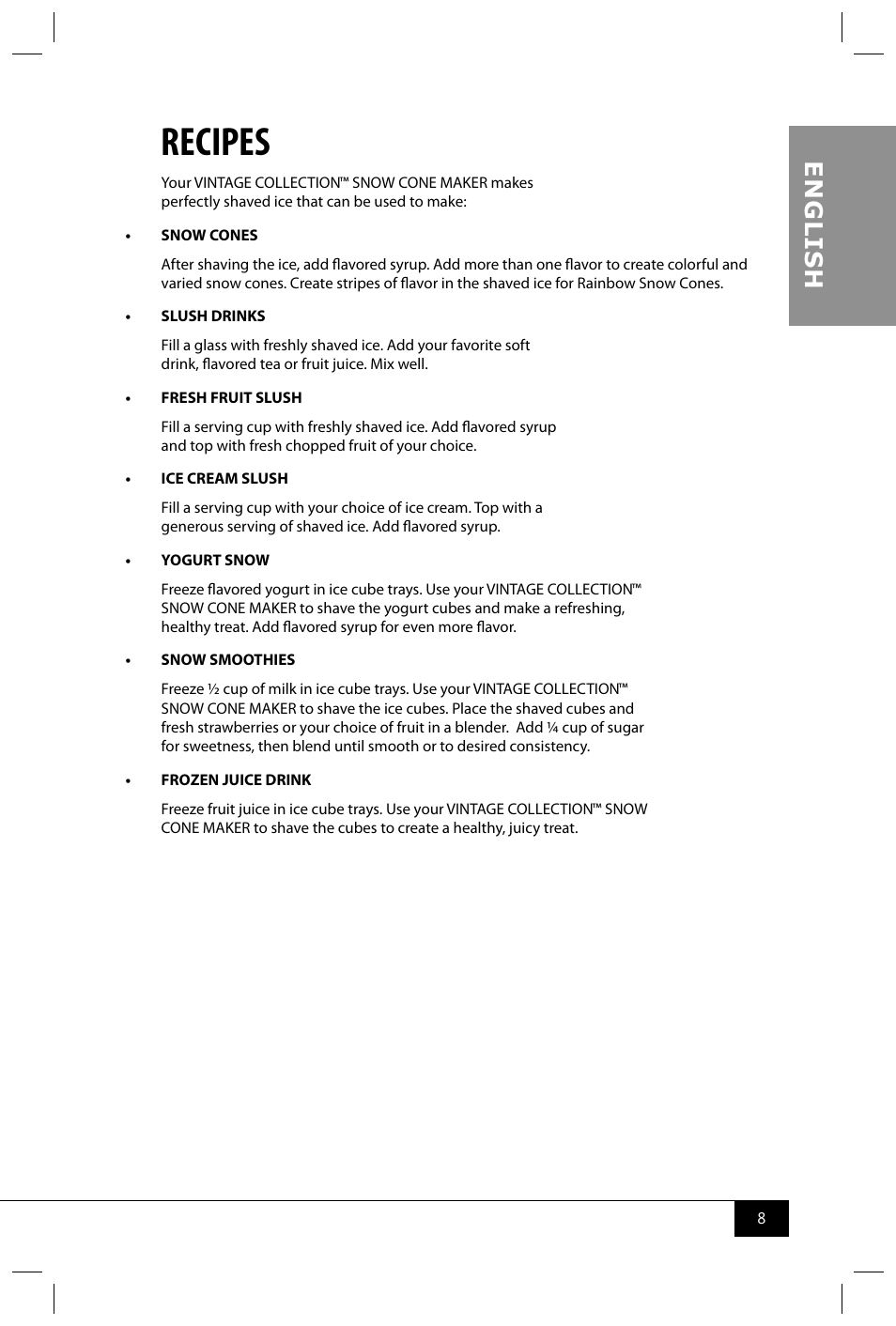 Recipes, En g li s h | Nostalgia Electrics SCM502 User Manual | Page 10 / 28