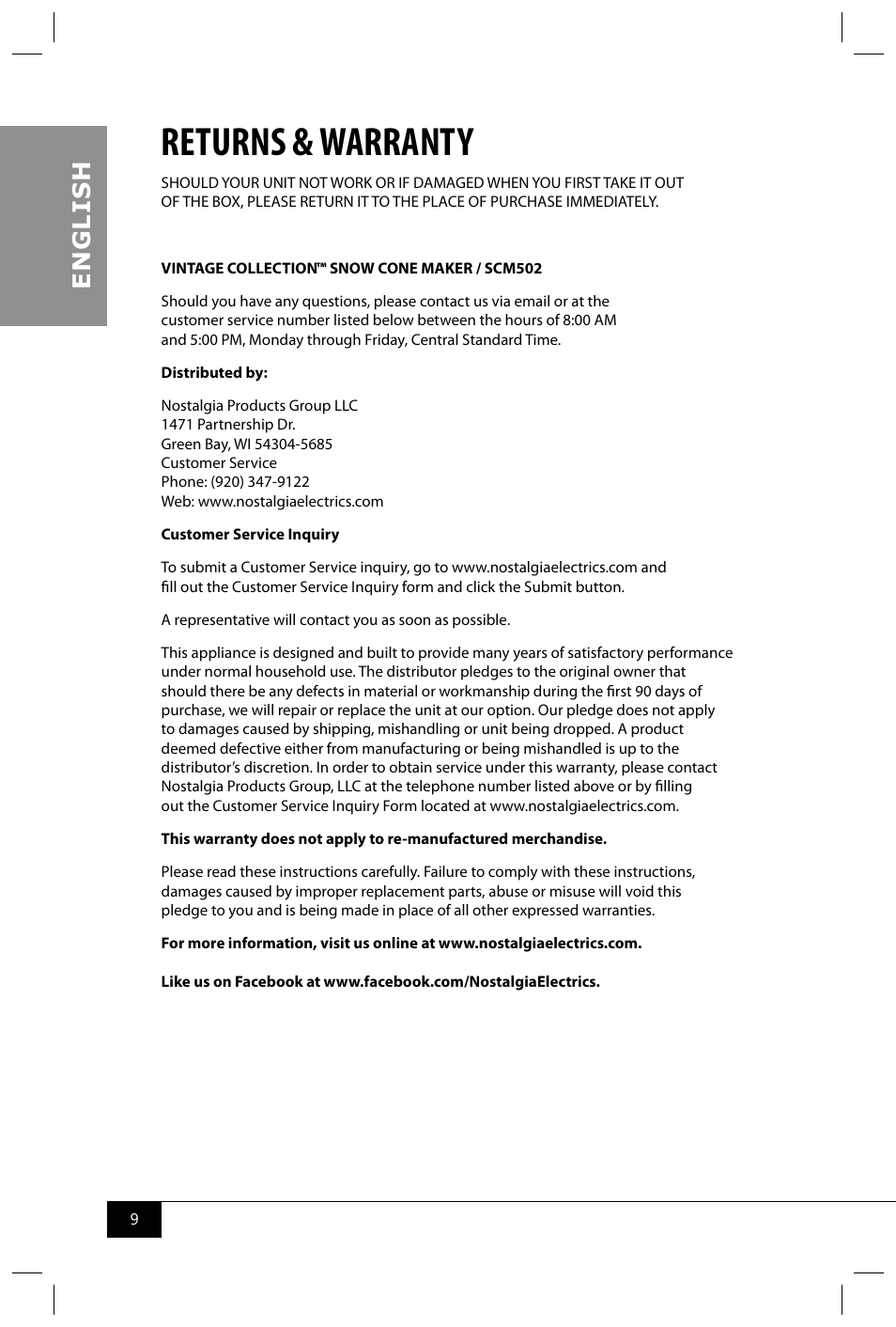Returns & warranty, En g li s h | Nostalgia Electrics SCM502 User Manual | Page 11 / 28