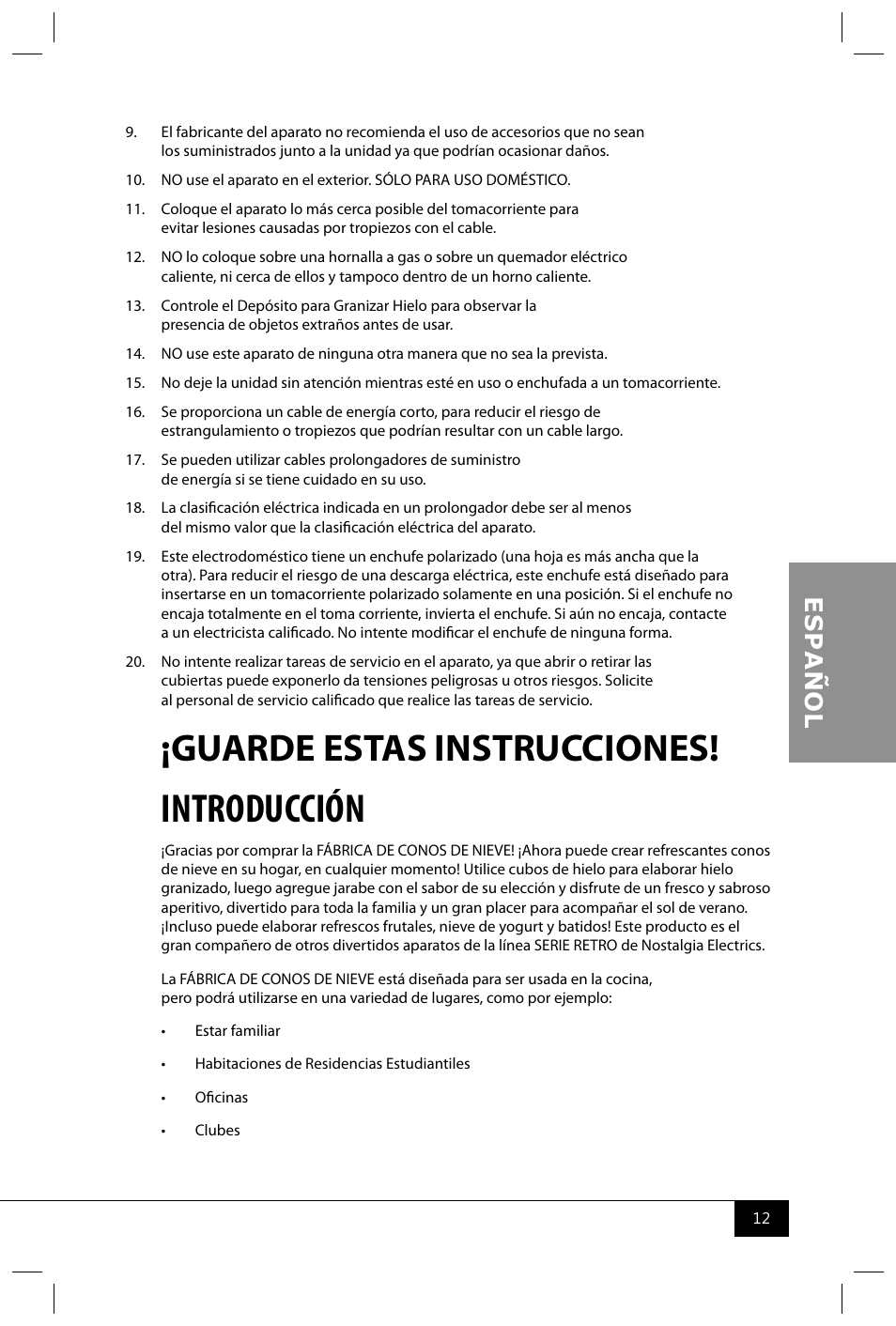 Introducción, Guarde estas instrucciones | Nostalgia Electrics SCM502 User Manual | Page 14 / 28