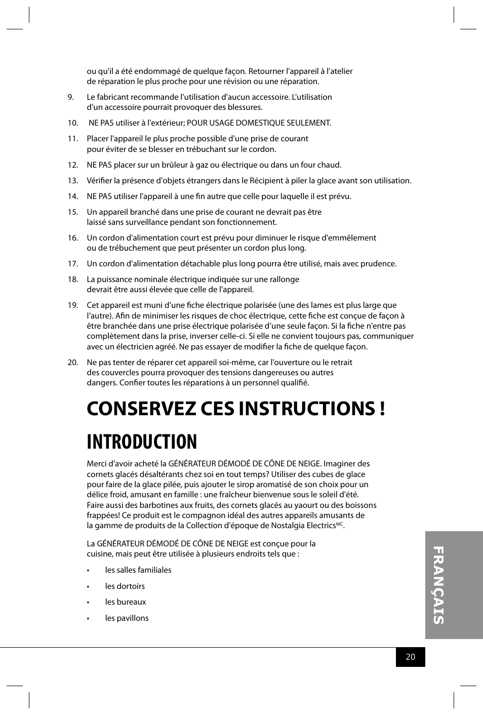 Introduction, Conservez ces instructions | Nostalgia Electrics SCM502 User Manual | Page 22 / 28