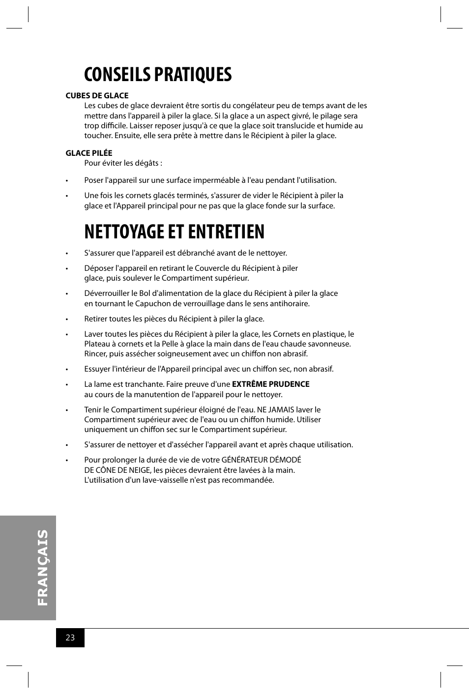 Conseils pratiques, Nettoyage et entretien | Nostalgia Electrics SCM502 User Manual | Page 25 / 28