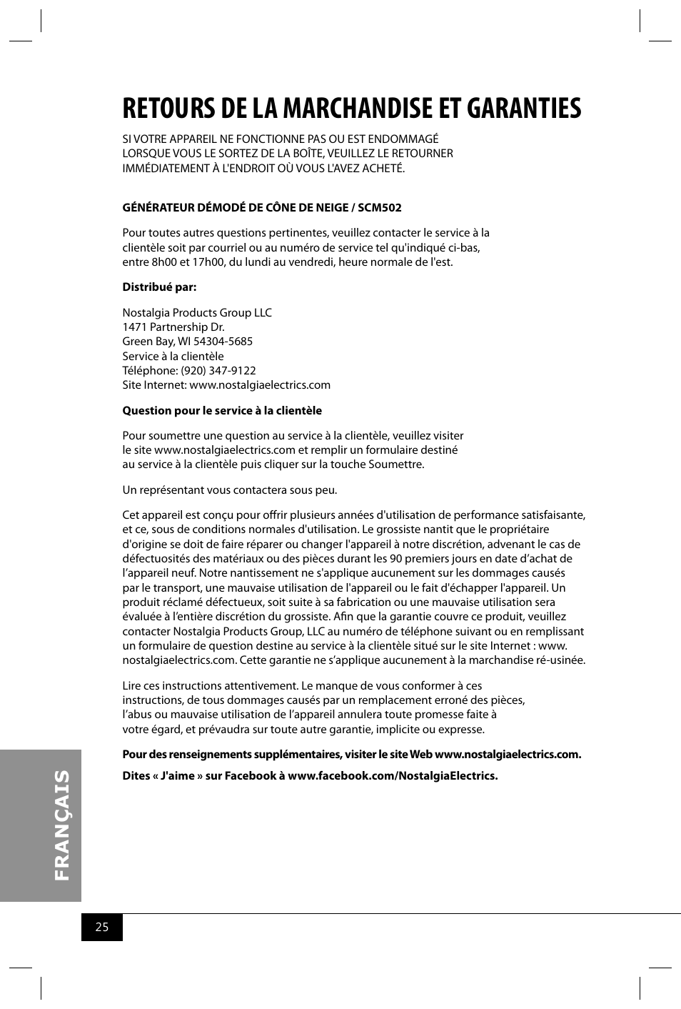 Retours de la marchandise et garanties | Nostalgia Electrics SCM502 User Manual | Page 27 / 28