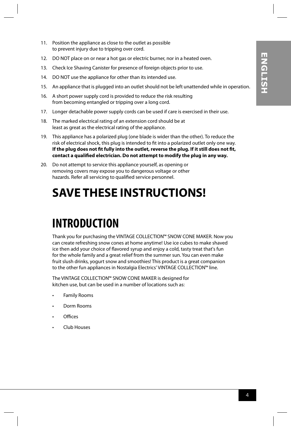 Introduction, Save these instructions, En g li s h | Nostalgia Electrics SCM502 User Manual | Page 6 / 28