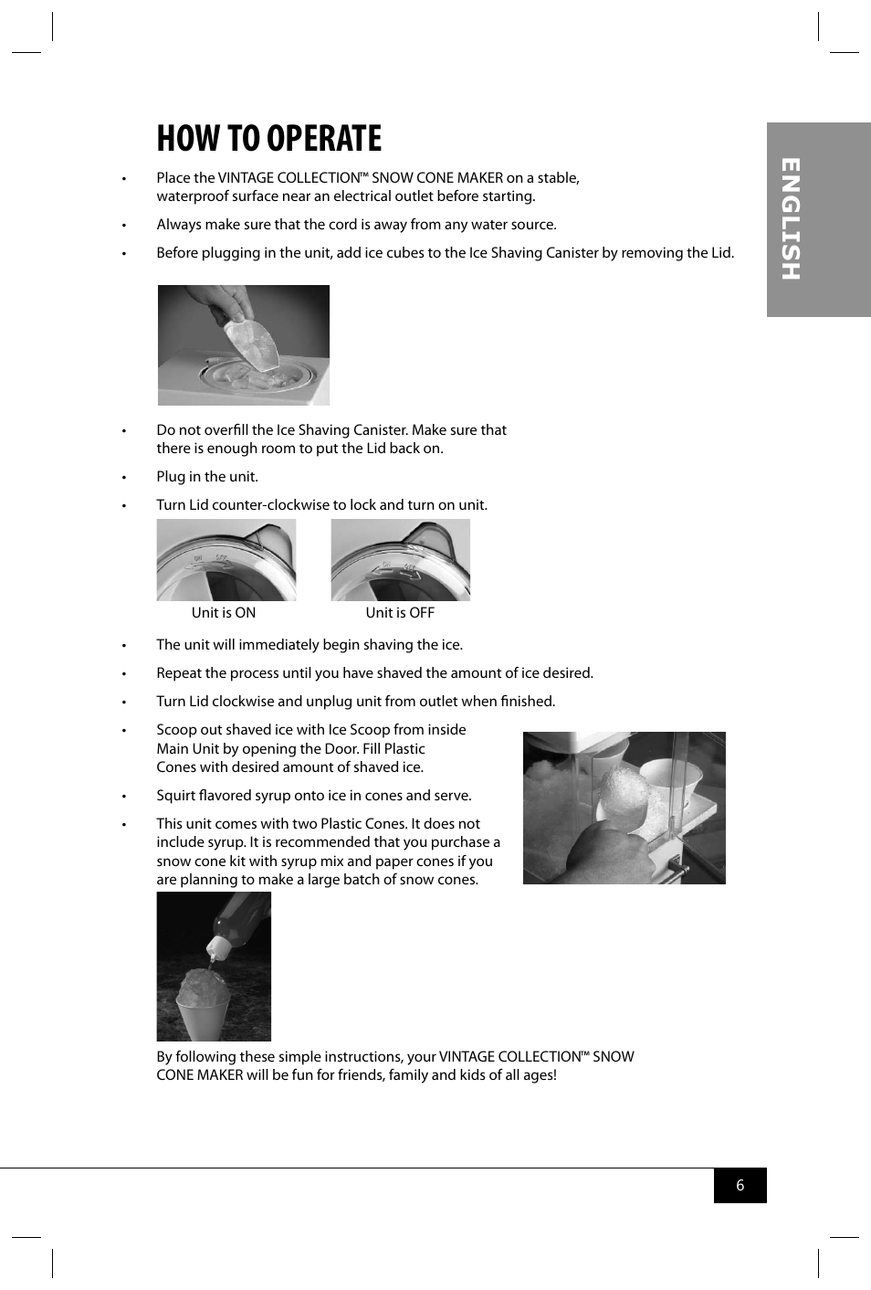 How to operate, En g li s h | Nostalgia Electrics SCM502 User Manual | Page 8 / 28