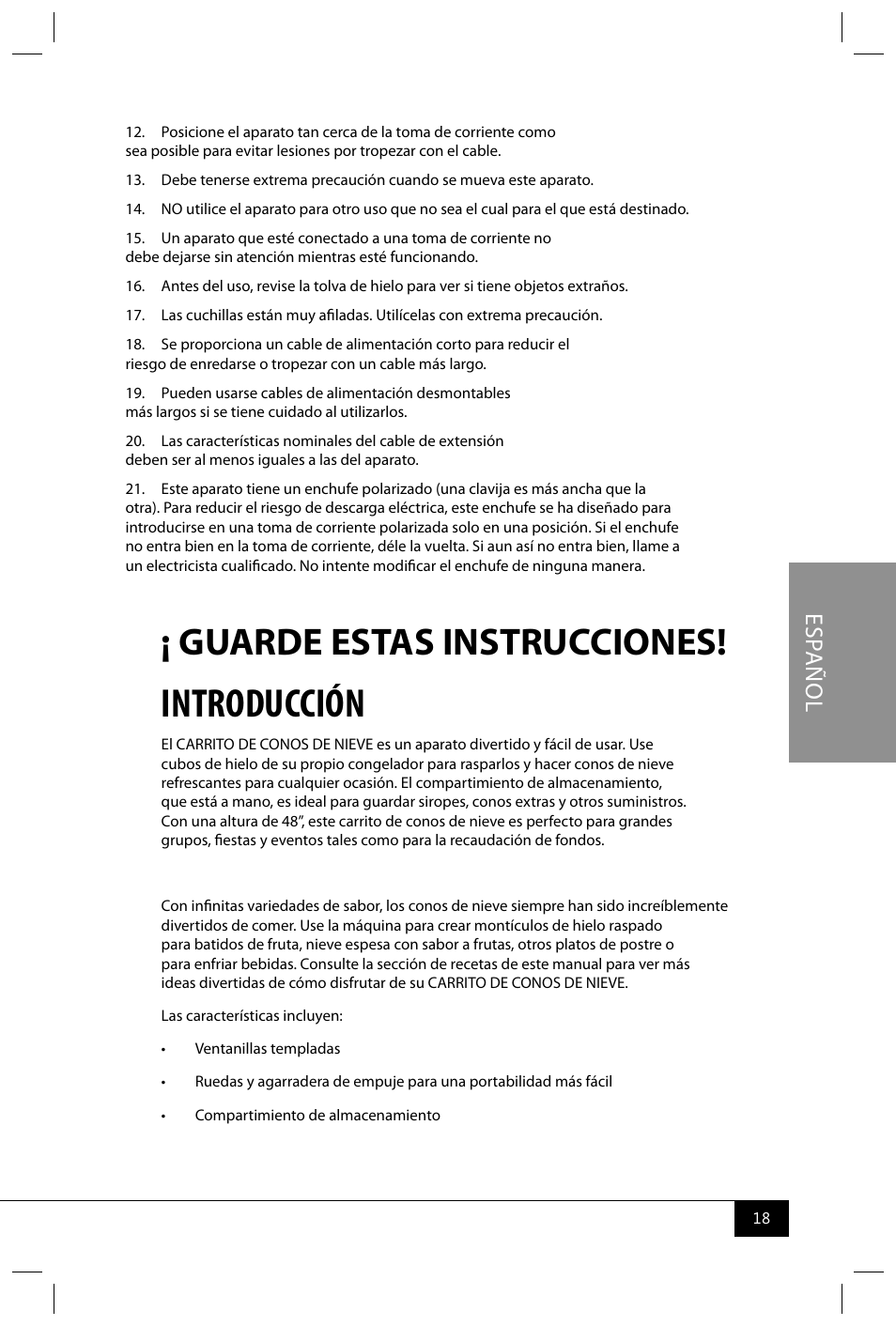 Introducción, Guarde estas instrucciones, Es pa ñ o l | Nostalgia Electrics SCC399 User Manual | Page 20 / 46