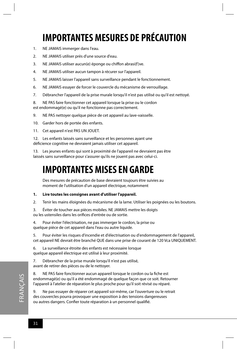 Importantes mesures de précaution, Importantes mises en garde | Nostalgia Electrics SCC399 User Manual | Page 33 / 46