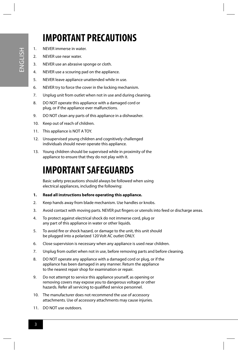 Important precautions, Important safeguards, En g li sh | Nostalgia Electrics SCC399 User Manual | Page 5 / 46