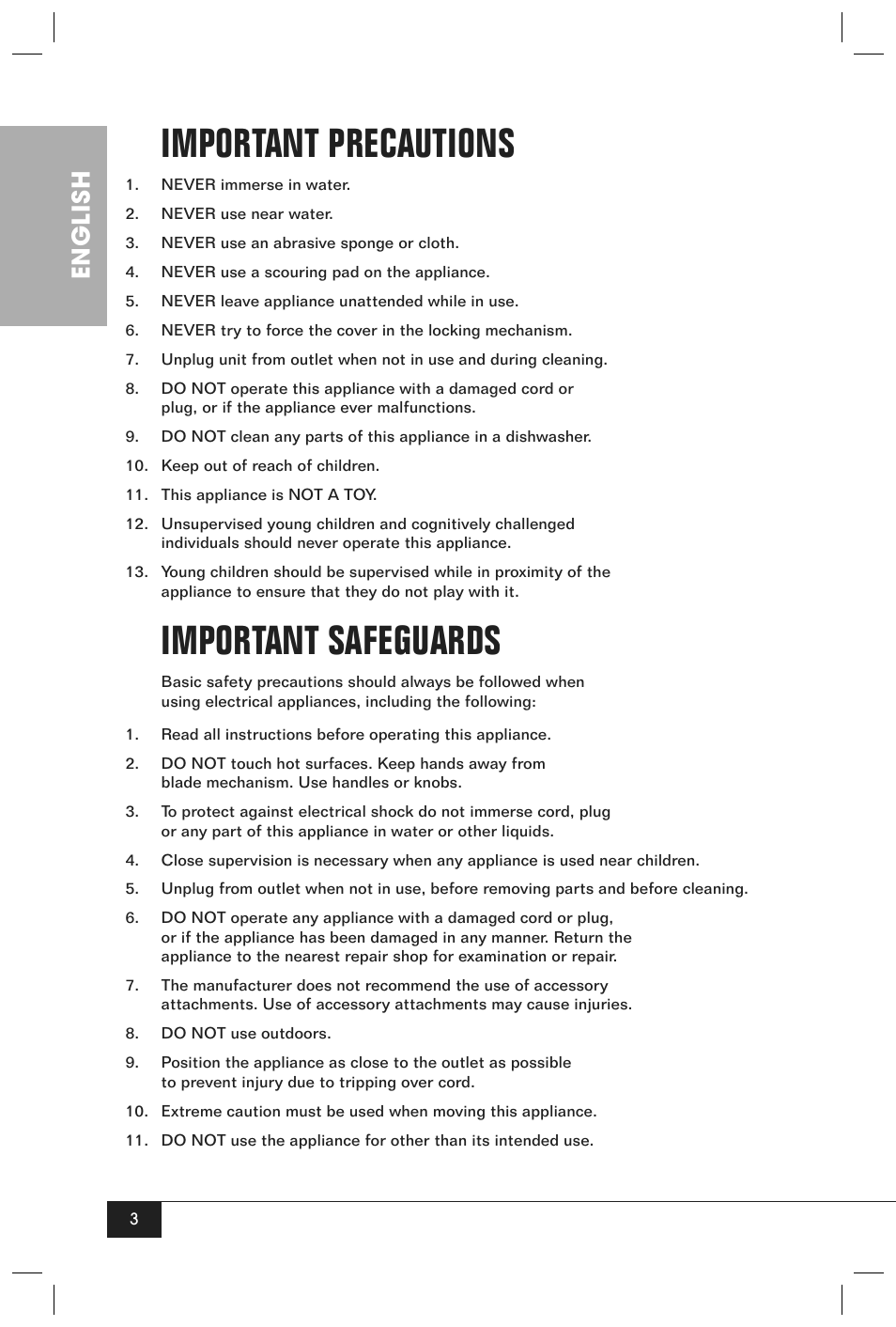 Important precautions, Important safeguards, English | Nostalgia Electrics SCC200 User Manual | Page 5 / 16