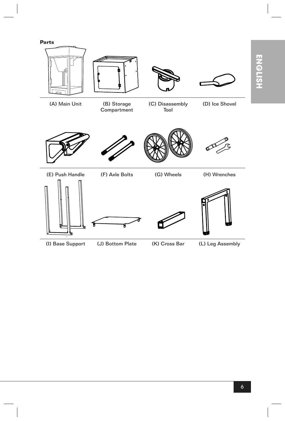 Push handle 1 f, Axle bolt 2 g, Wheel 2 i | Base support 1 j, Bottom plate 1 l, Leg assembly 1 c, Storage compartent 1, Main unit 1 h, Wrench 2 m, Leg assembly bolt 4 | Nostalgia Electrics SCC200 User Manual | Page 8 / 16