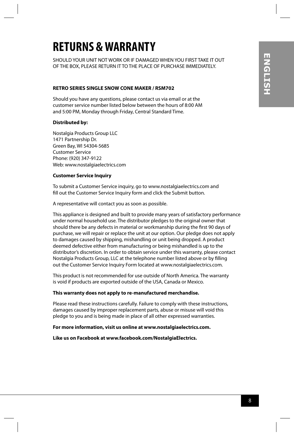 Returns & warranty, En g li s h | Nostalgia Electrics RSM702 User Manual | Page 10 / 24