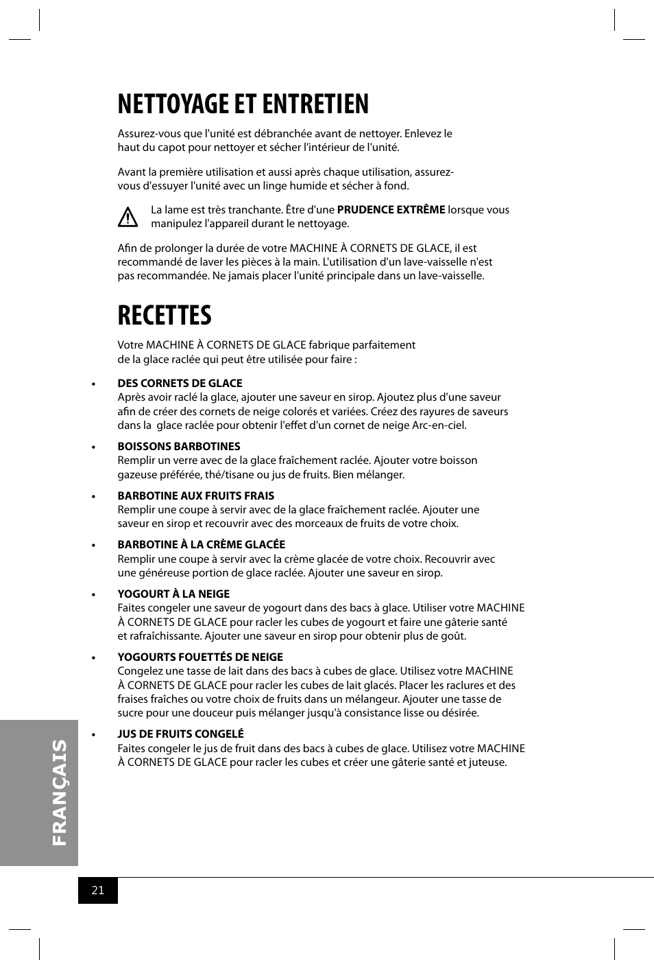 Nettoyage et entretien, Recettes | Nostalgia Electrics RSM702 User Manual | Page 23 / 24