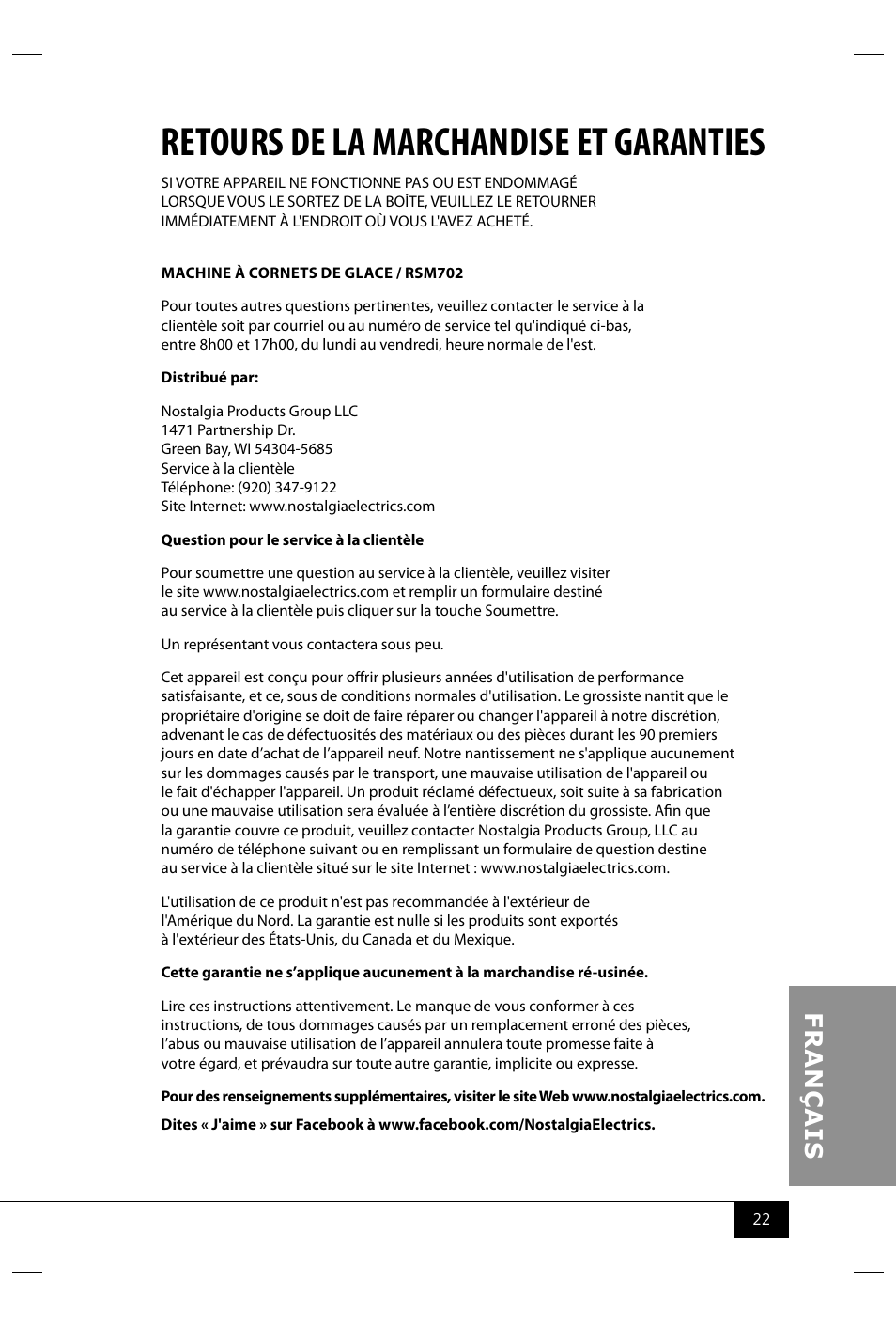 Retours de la marchandise et garanties | Nostalgia Electrics RSM702 User Manual | Page 24 / 24