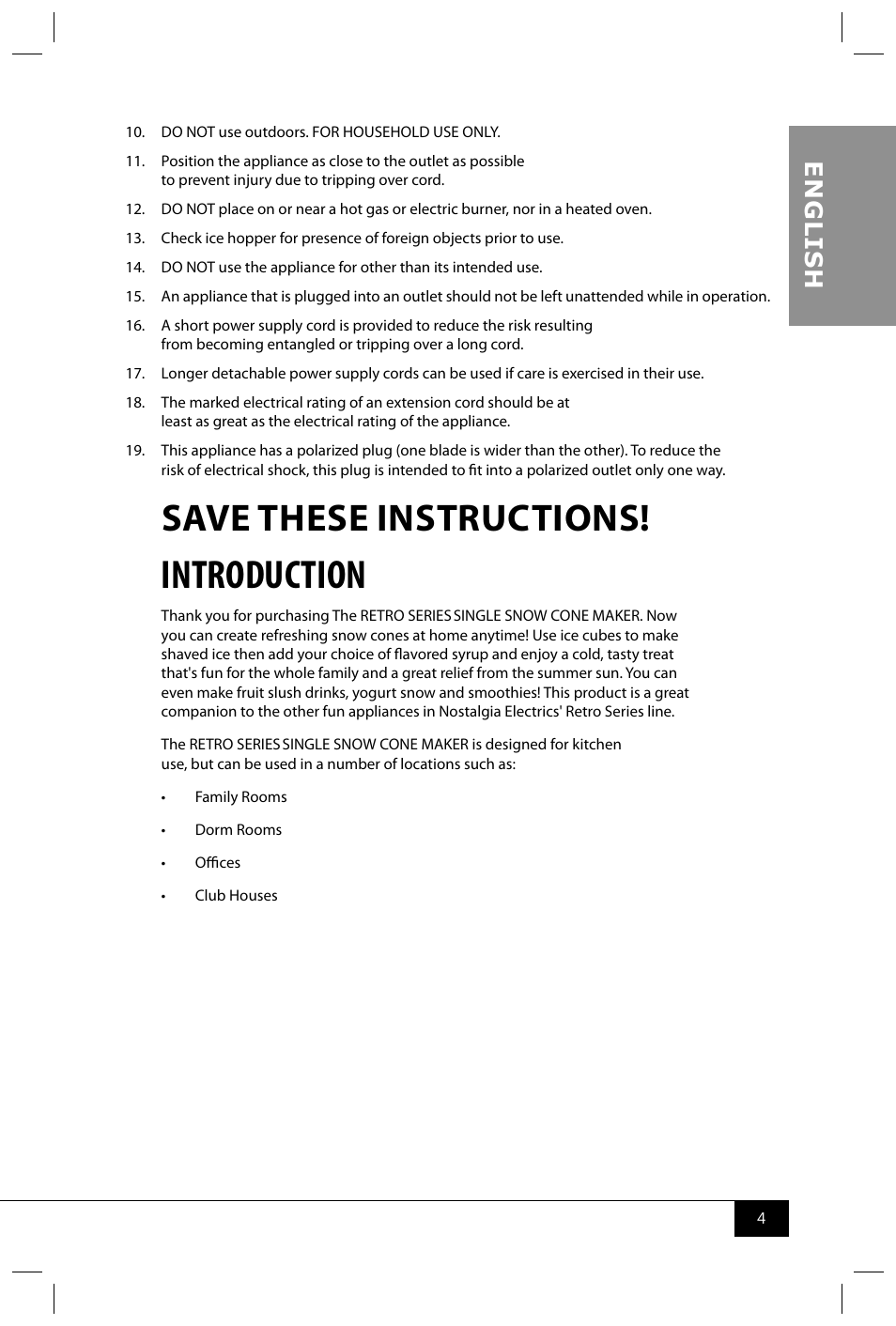 Introduction, Save these instructions, En g li s h | Nostalgia Electrics RSM702 User Manual | Page 6 / 24