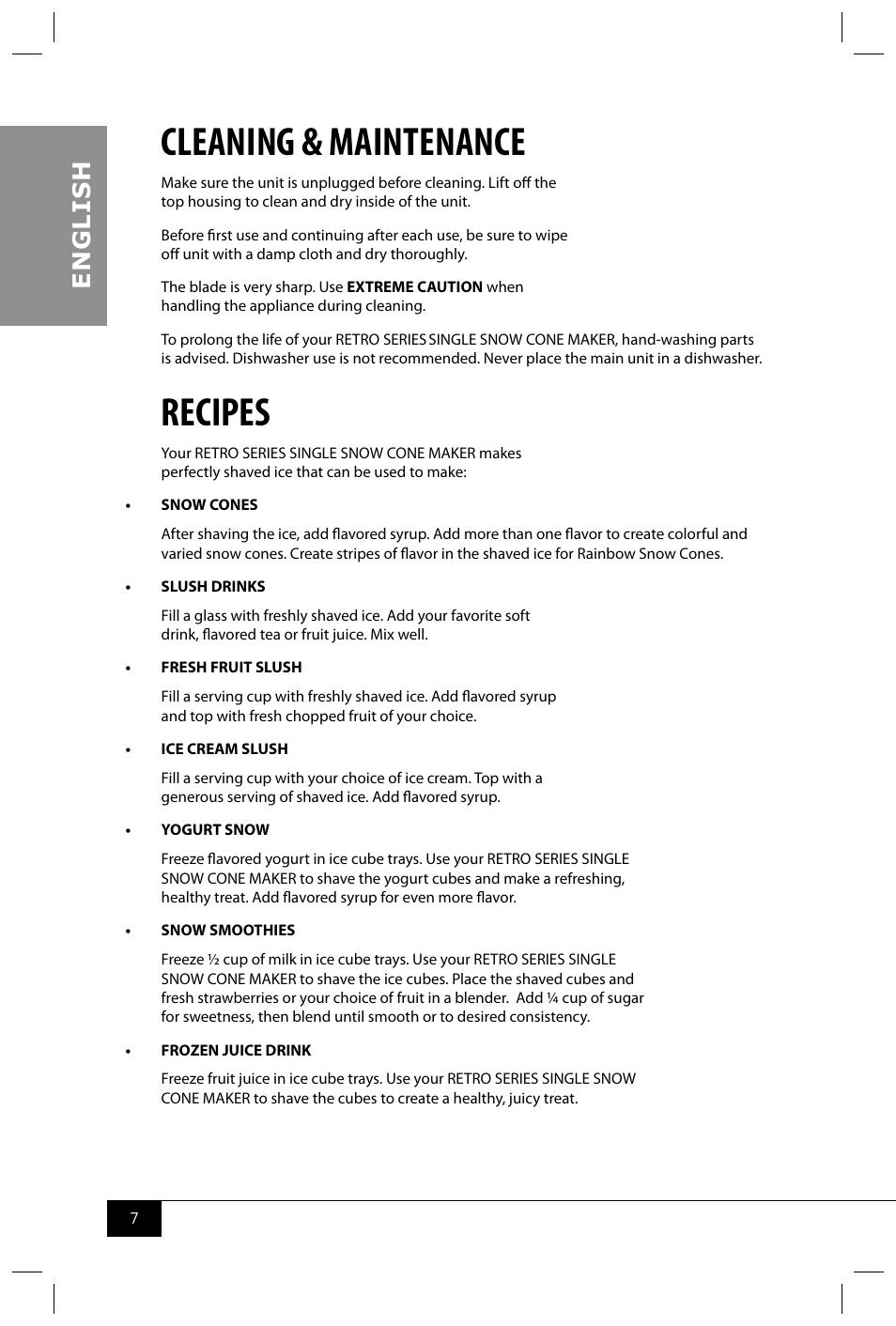 Cleaning & maintenance, Recipes, En g li s h | Nostalgia Electrics RSM702 User Manual | Page 9 / 24