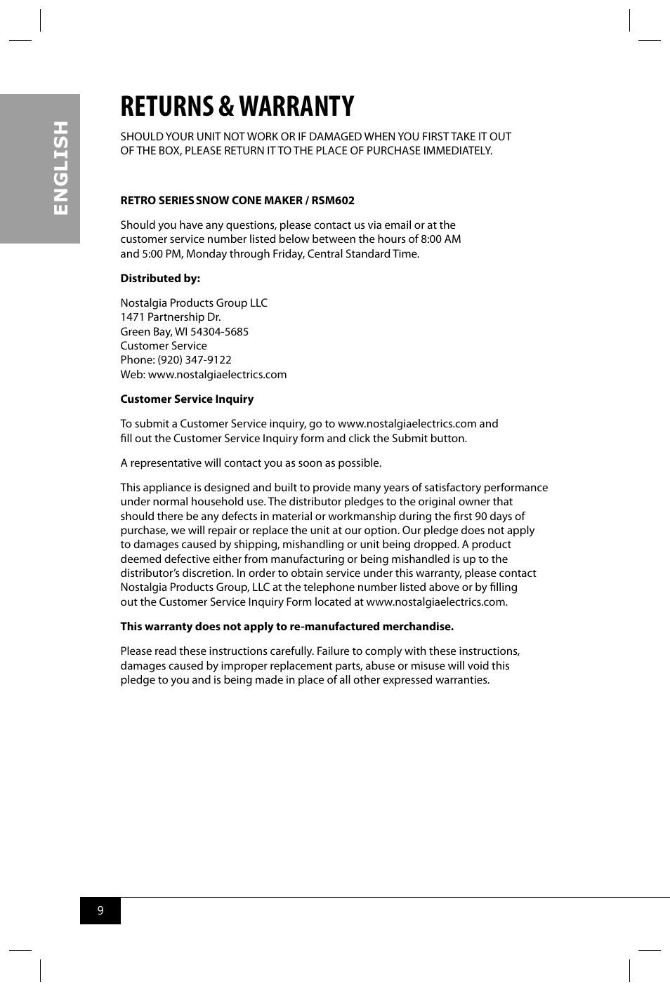 Returns & warranty, En g li s h | Nostalgia Electrics RSM602 User Manual | Page 11 / 28