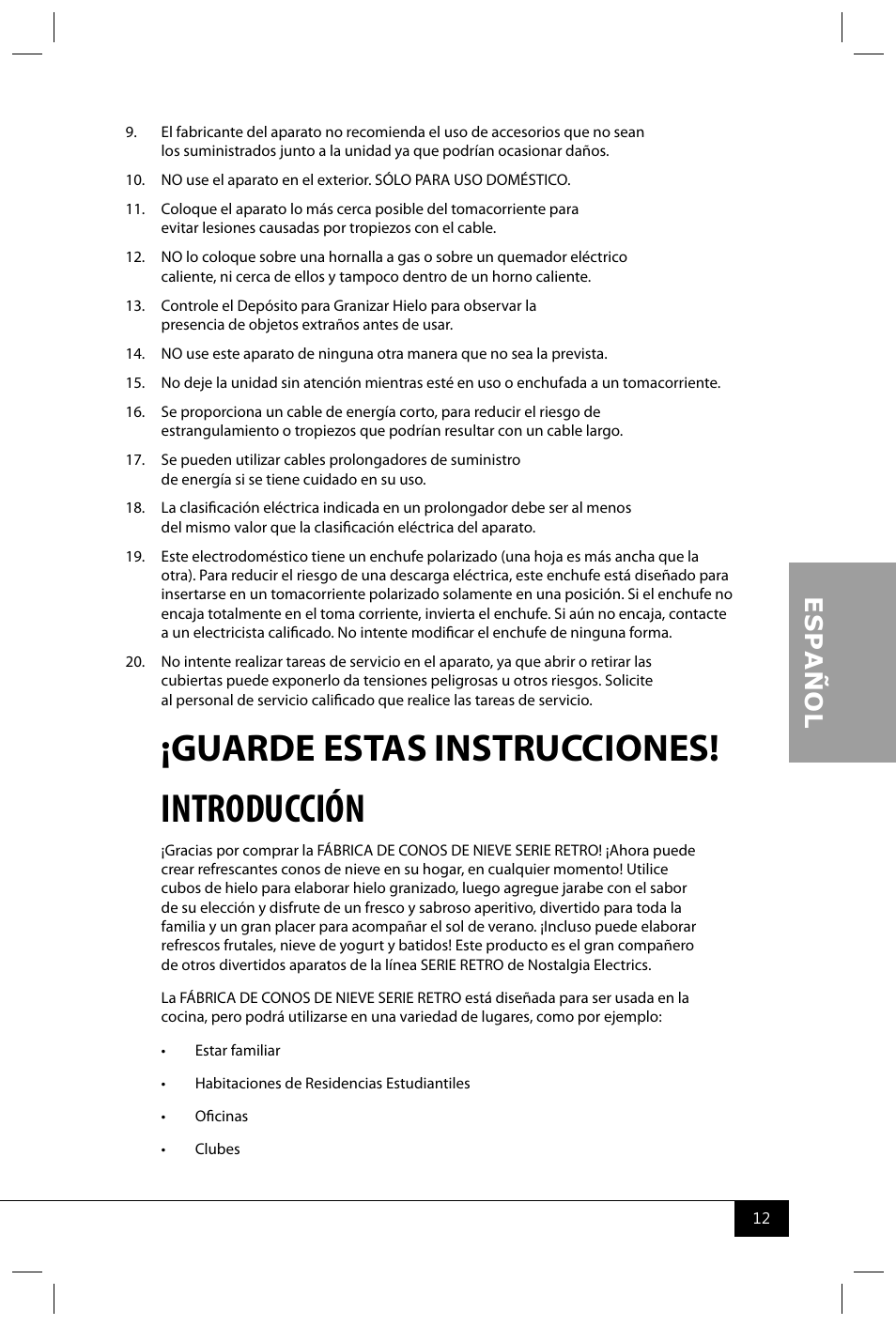Introducción, Guarde estas instrucciones | Nostalgia Electrics RSM602 User Manual | Page 14 / 28