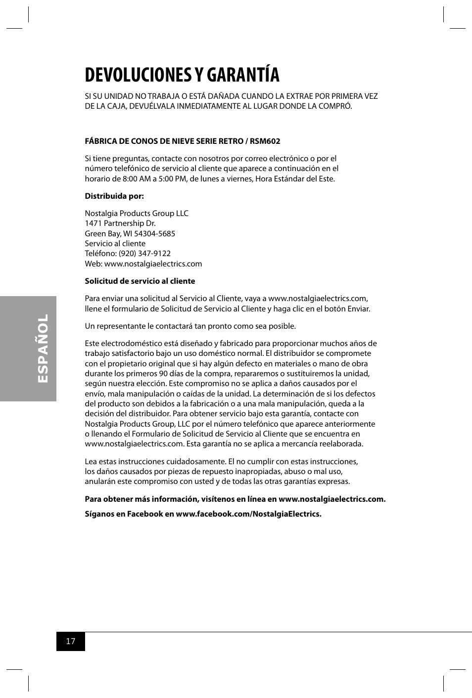 Devoluciones y garantía | Nostalgia Electrics RSM602 User Manual | Page 19 / 28