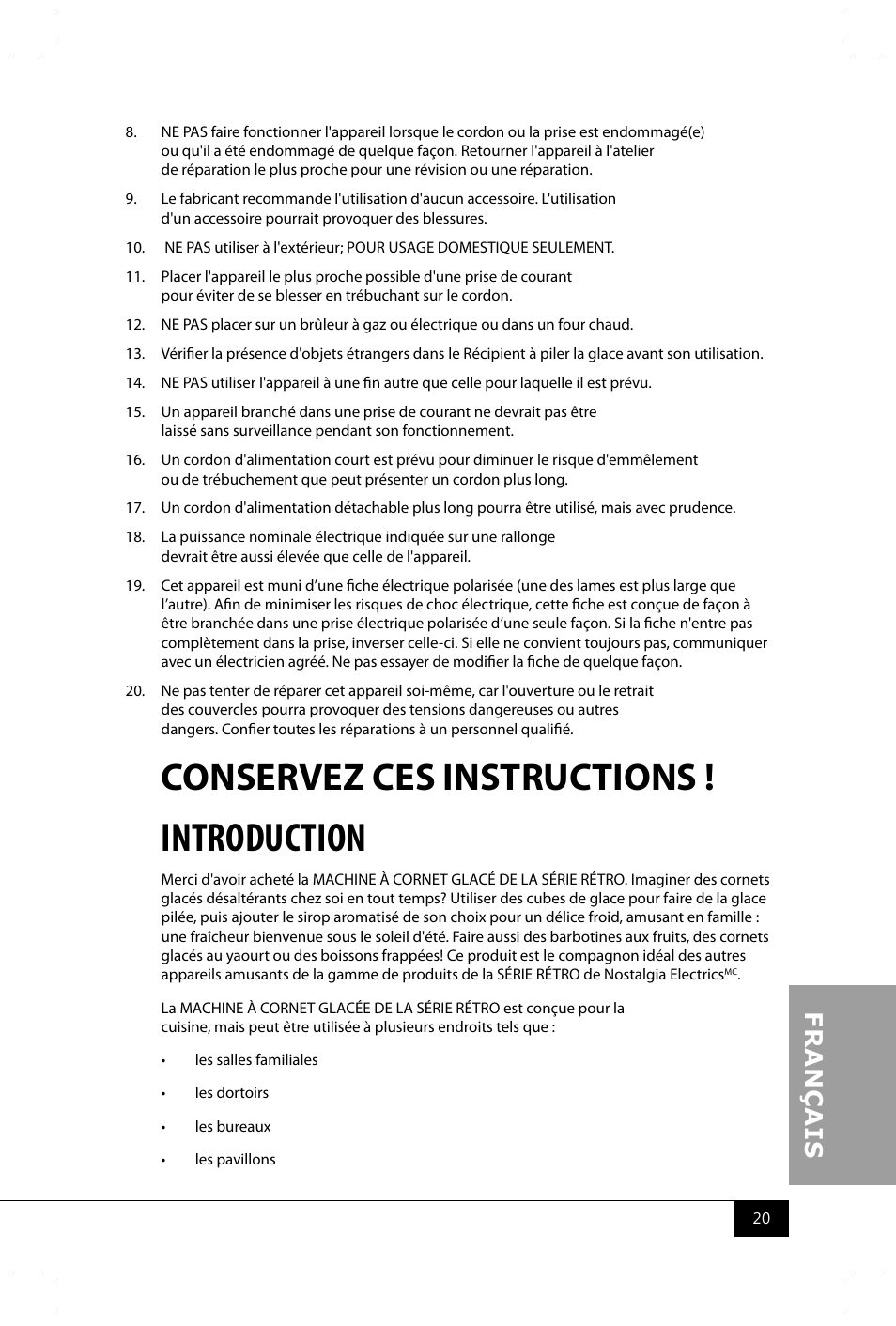 Introduction, Conservez ces instructions | Nostalgia Electrics RSM602 User Manual | Page 22 / 28