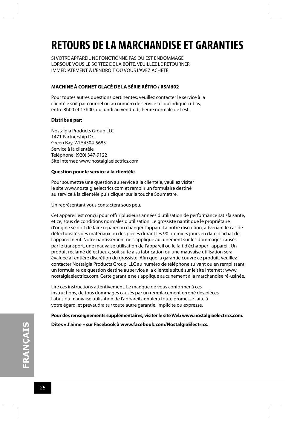 Retours de la marchandise et garanties | Nostalgia Electrics RSM602 User Manual | Page 27 / 28
