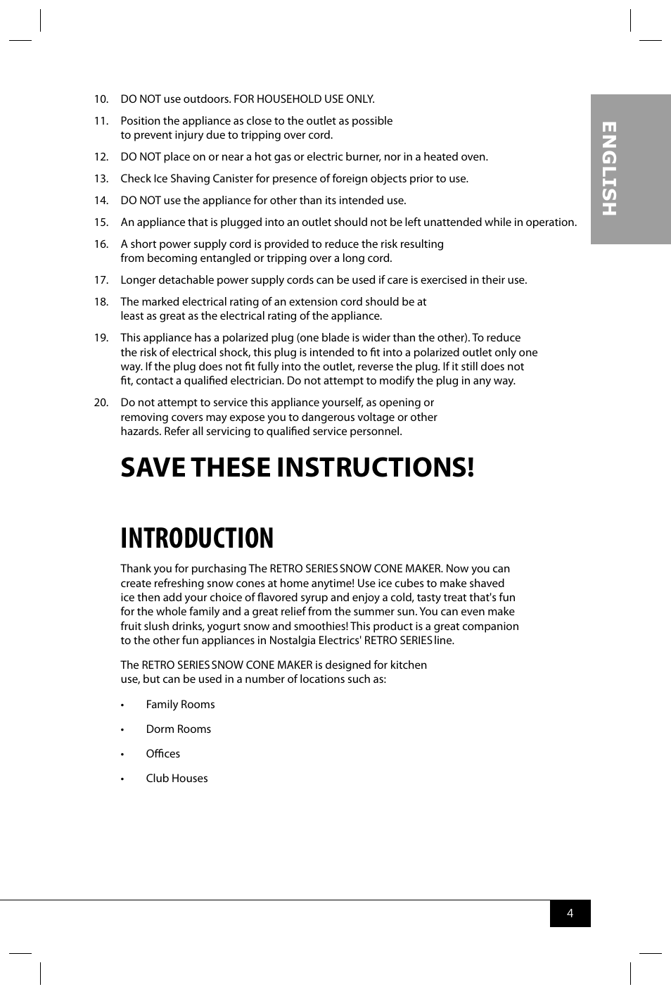 Introduction, Save these instructions, En g li s h | Nostalgia Electrics RSM602 User Manual | Page 6 / 28