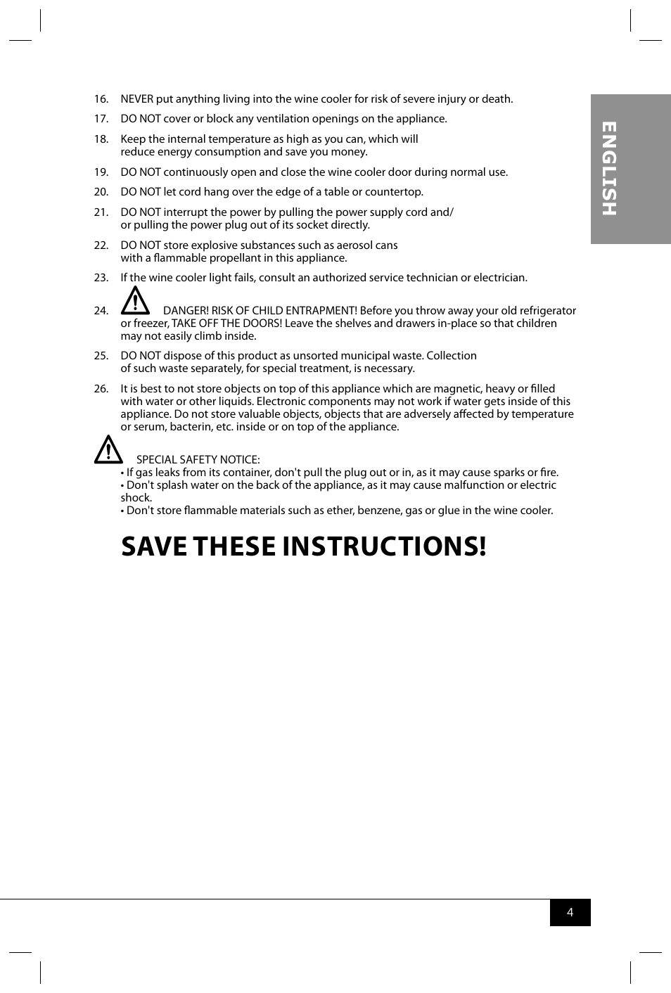 Save these instructions, En g li s h | Nostalgia Electrics EWC018BLK User Manual | Page 6 / 12