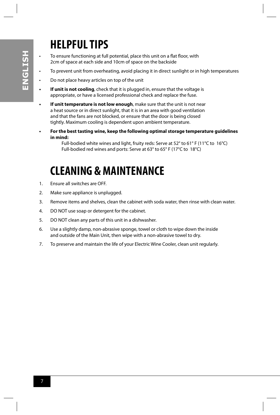 Helpful tips, Cleaning & maintenance, En g li s h | Nostalgia Electrics EWC018BLK User Manual | Page 9 / 12