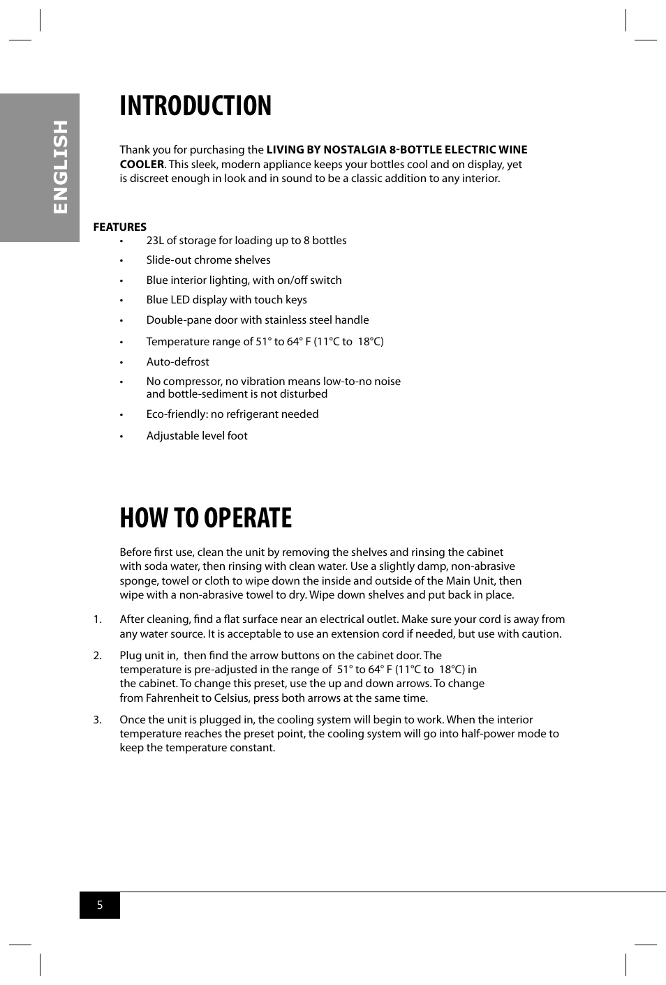 Introduction, How to operate, En g li s h | Nostalgia Electrics EWC008BLK User Manual | Page 7 / 12