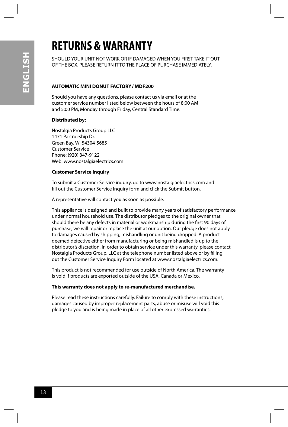 Returns & warranty, En g li s h | Nostalgia Electrics MDF200 User Manual | Page 15 / 42