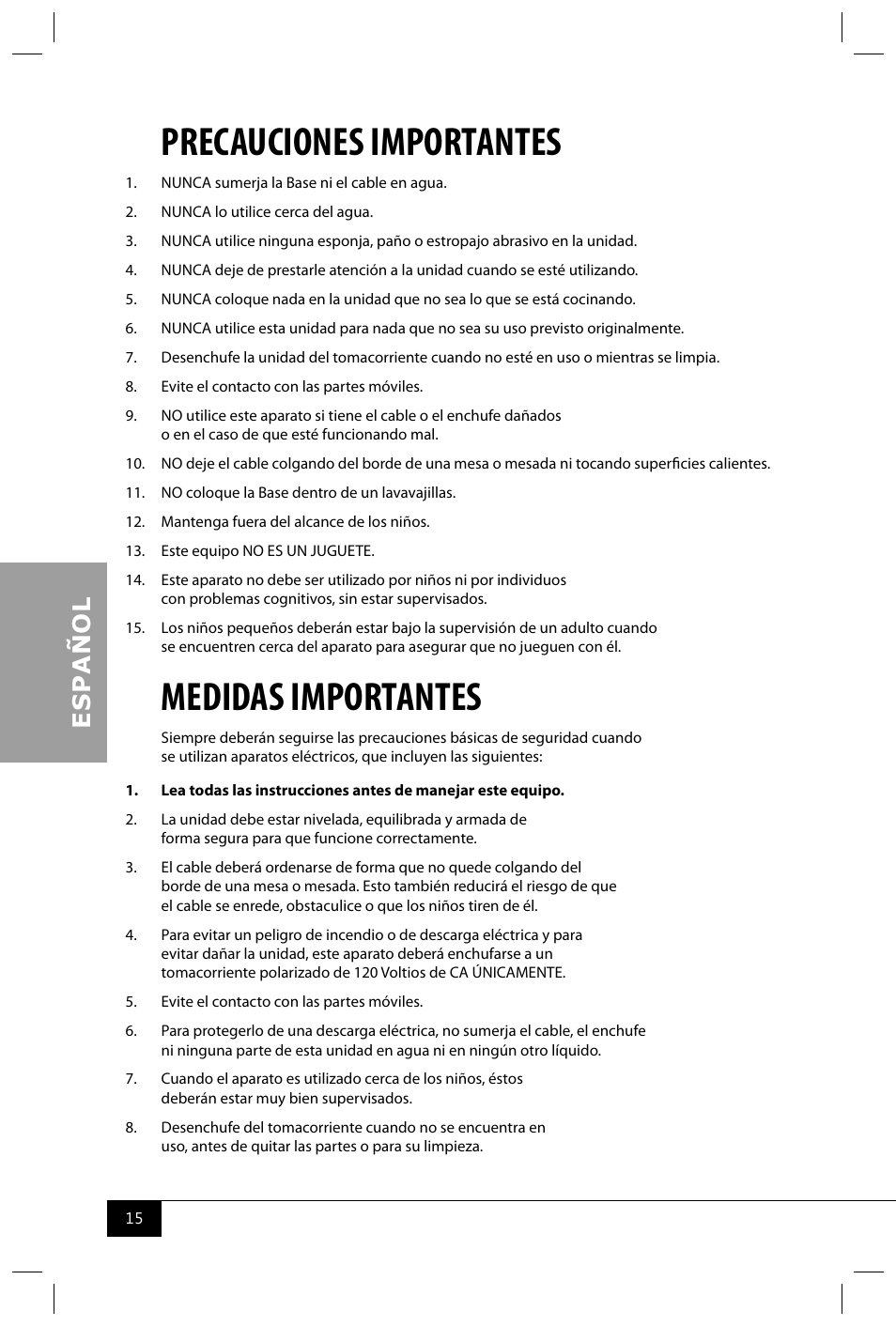 Precauciones importantes, Medidas importantes | Nostalgia Electrics MDF200 User Manual | Page 17 / 42