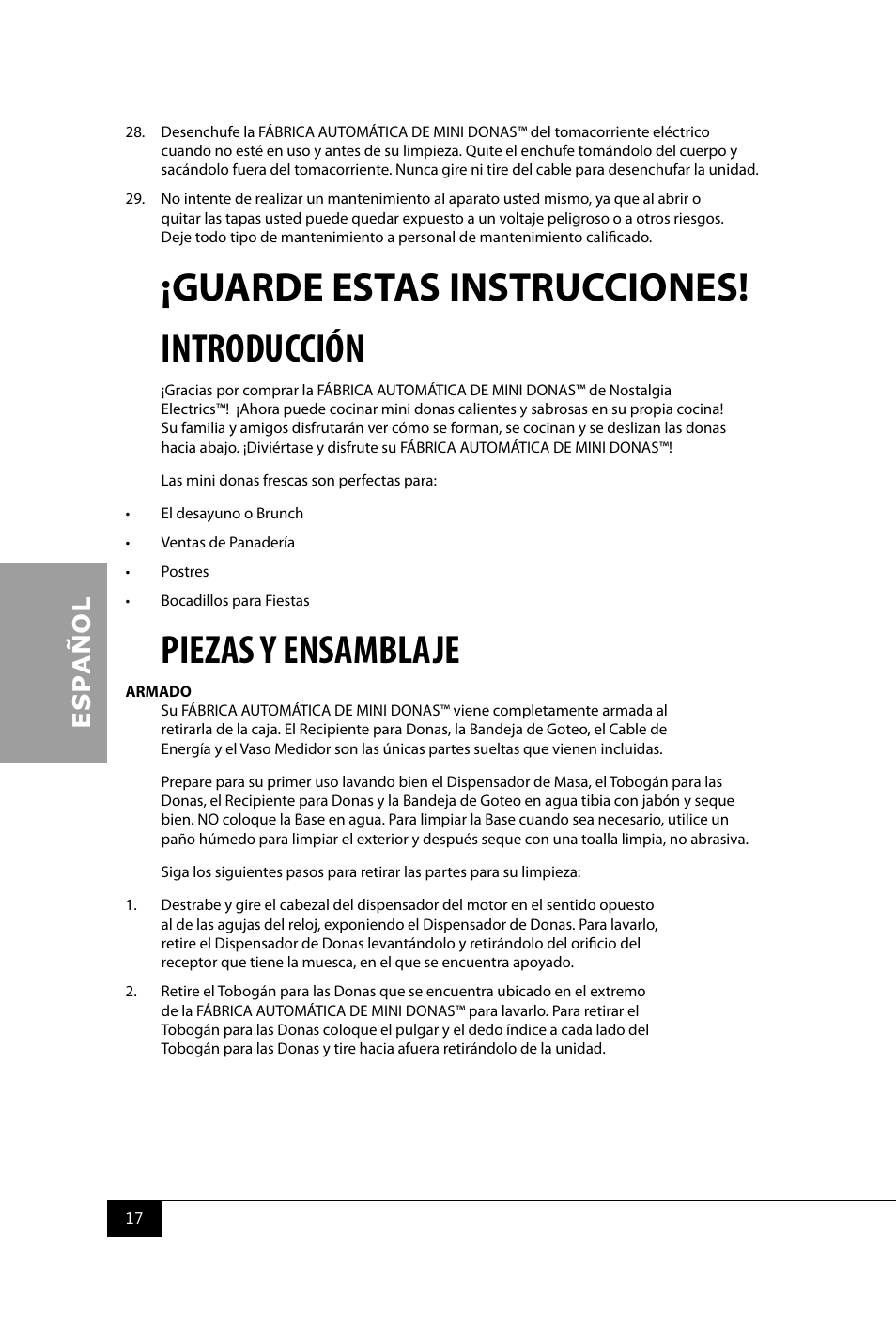 Guarde estas instrucciones! introducción, Piezas y ensamblaje | Nostalgia Electrics MDF200 User Manual | Page 19 / 42