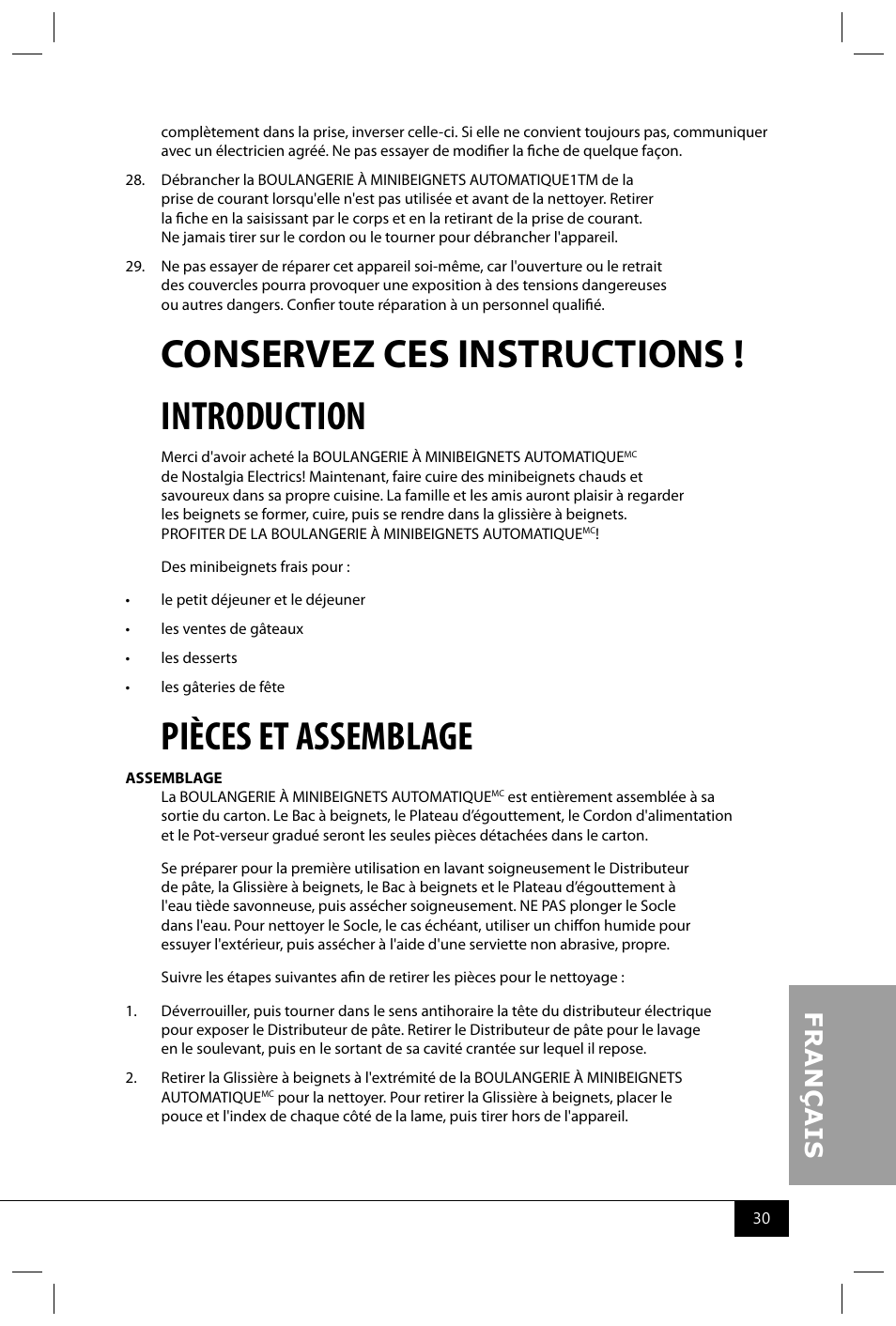 Conservez ces instructions ! introduction, Pièces et assemblage | Nostalgia Electrics MDF200 User Manual | Page 32 / 42