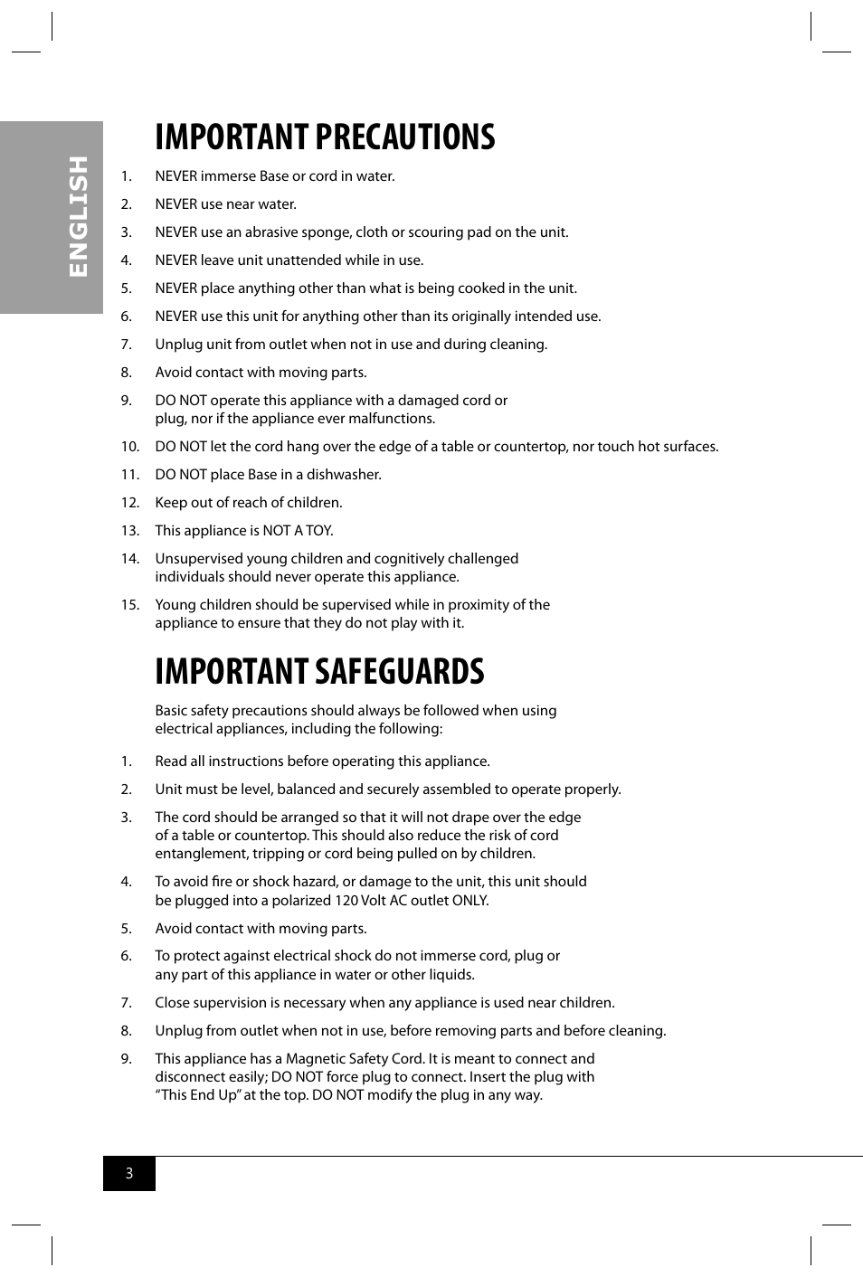 Important precautions, Important safeguards, En g li s h | Nostalgia Electrics MDF200 User Manual | Page 5 / 42