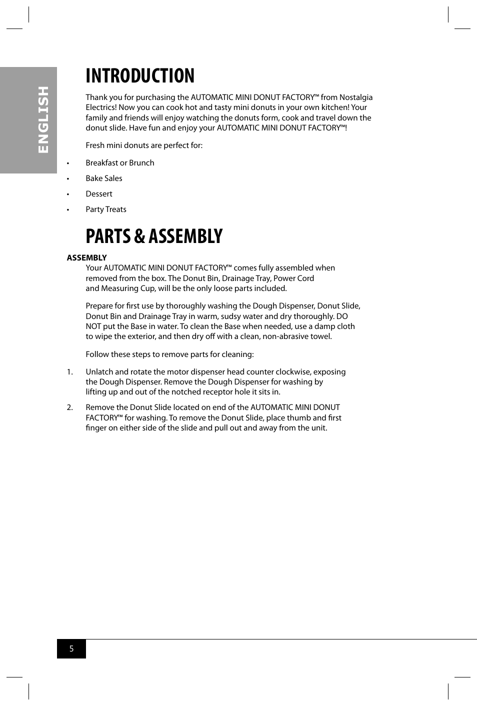 Introduction, Parts & assembly, En g li s h | Nostalgia Electrics MDF200 User Manual | Page 7 / 42