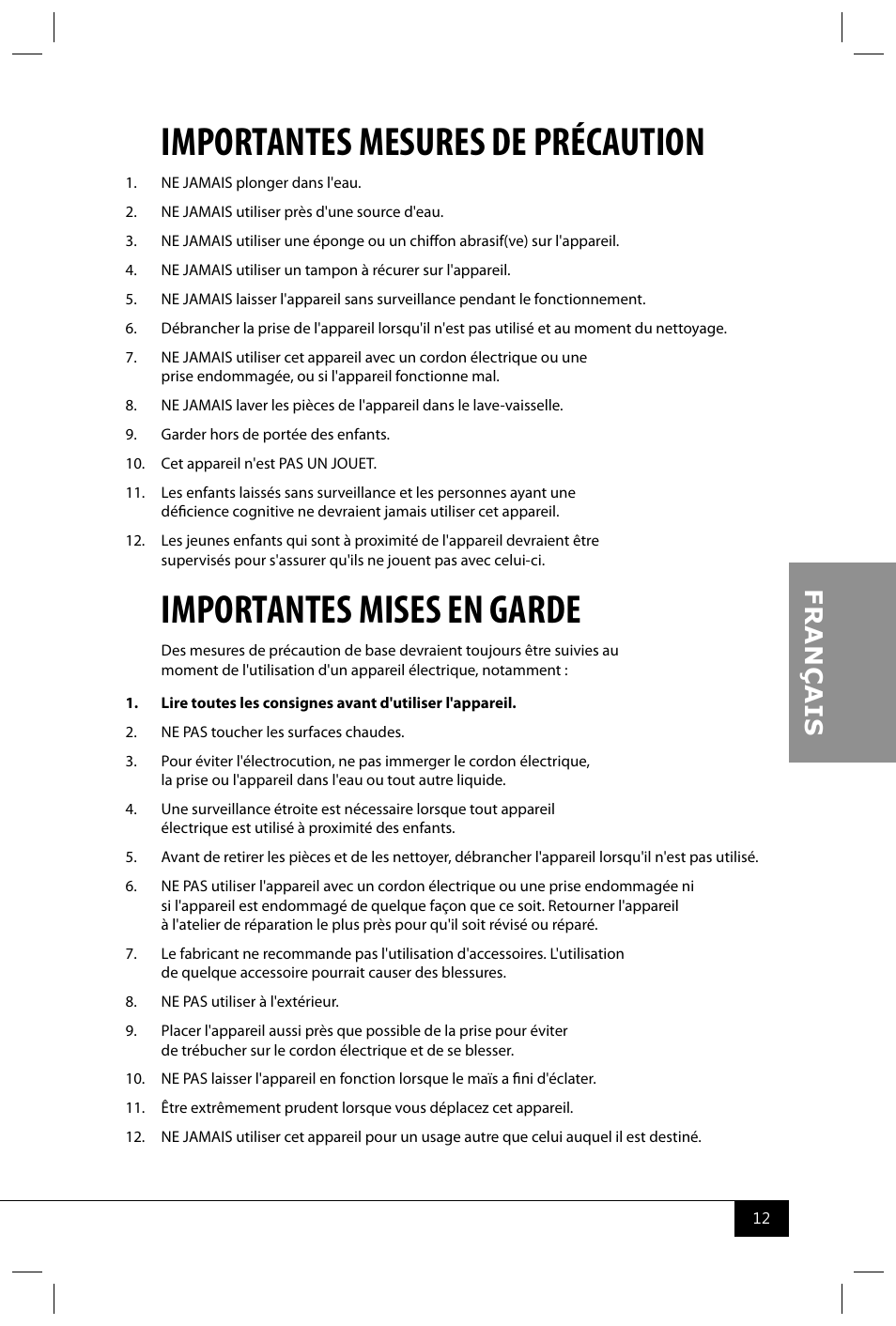 Importantes mesures de précaution, Importantes mises en garde | Nostalgia Electrics APH200 SERIES User Manual | Page 14 / 32