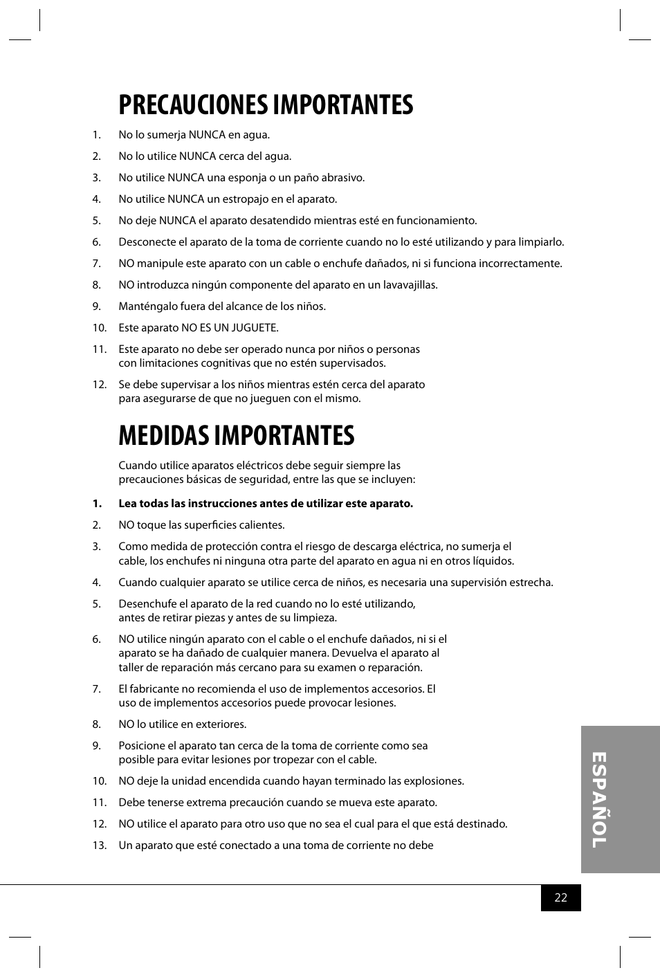 Precauciones importantes, Medidas importantes | Nostalgia Electrics APH200 SERIES User Manual | Page 24 / 32